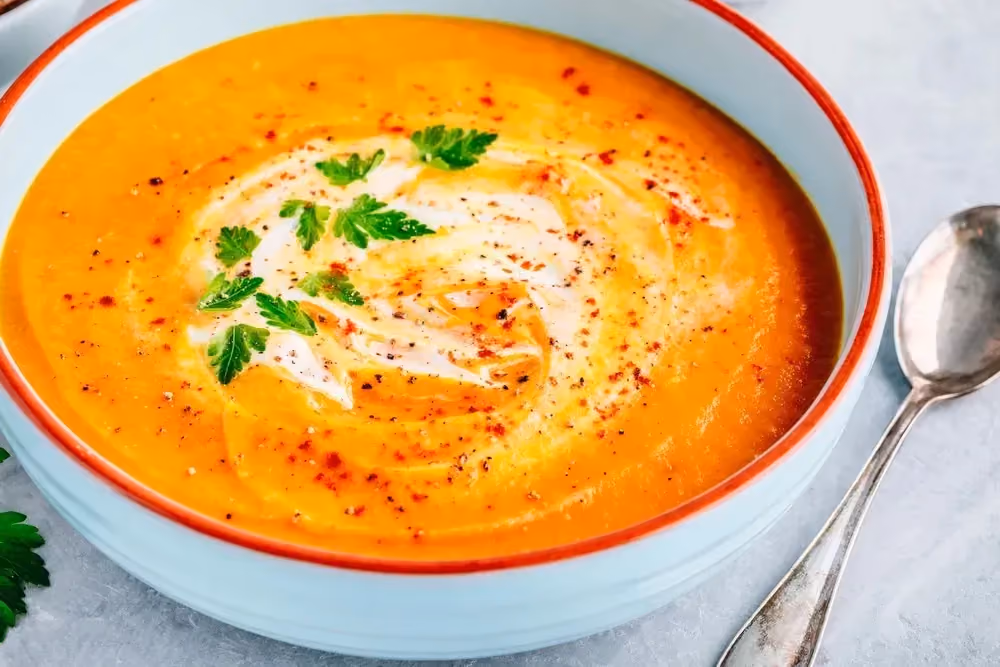 In a white soup tureen is a creamy carrot, ginger, coconut, and curry soup. The carrots have given the soup a beautiful color.