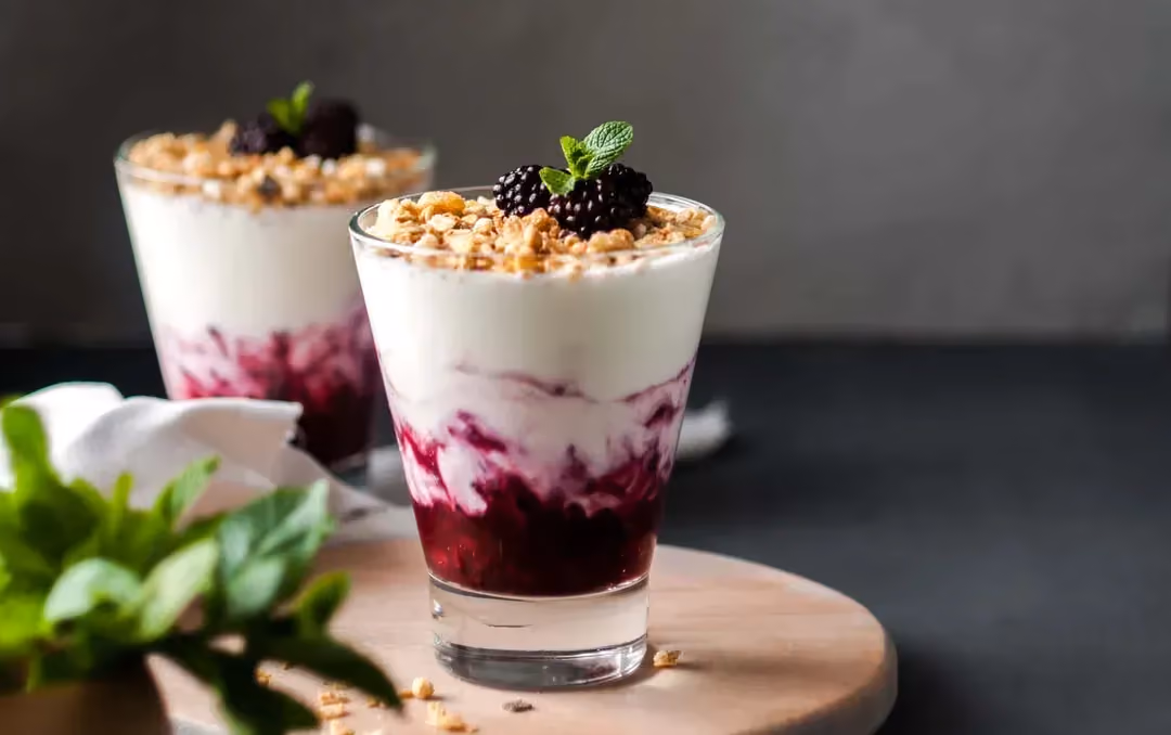 In two verrines is the Blackberry and Konjac Pearl Parfait. The topping consists of three plump blackberries.
