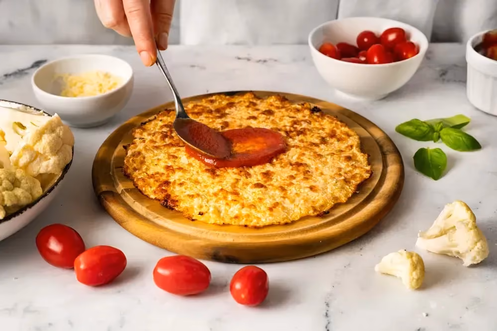 Après la cuisson de cette pizza quatre saisons, une personne munie d'une cuillère mets de la sauce tomate sur la pizza.