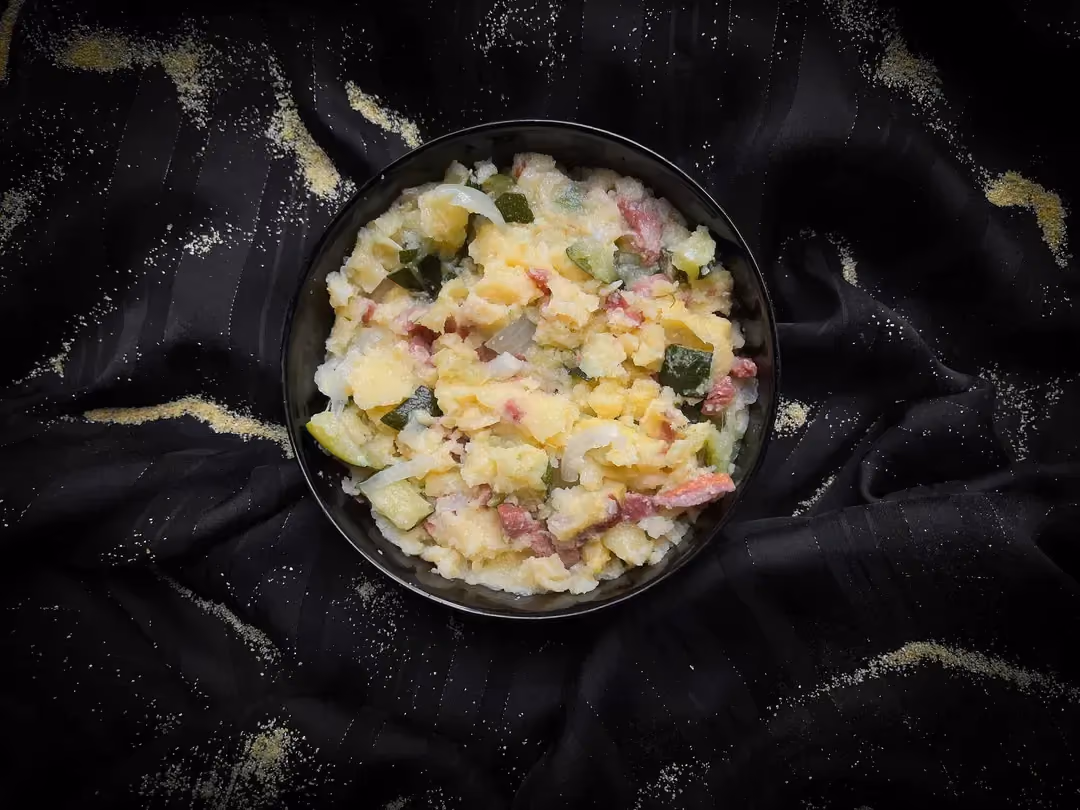 La recette de polenta aux courgettes et lardons de dinde fumés est présentée dans un petit saladier de couleur bleu.