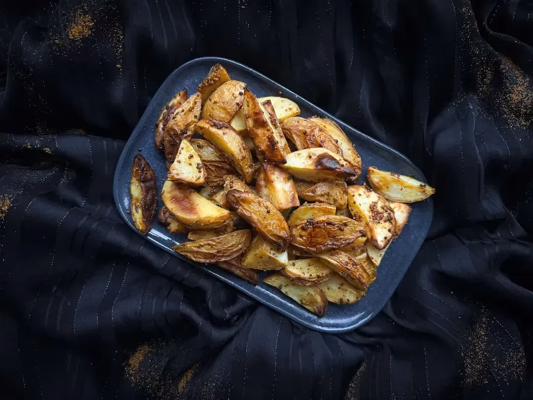 Dans un plat à gratin , des potatoes coupées grossièrement sont bien dorées. Quelques tomates cerises bien mures se trouvent autour.