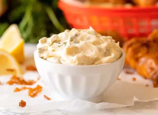 In a white porcelain bowl is tartar sauce. Yellow lemon wedges are next to the bowl.