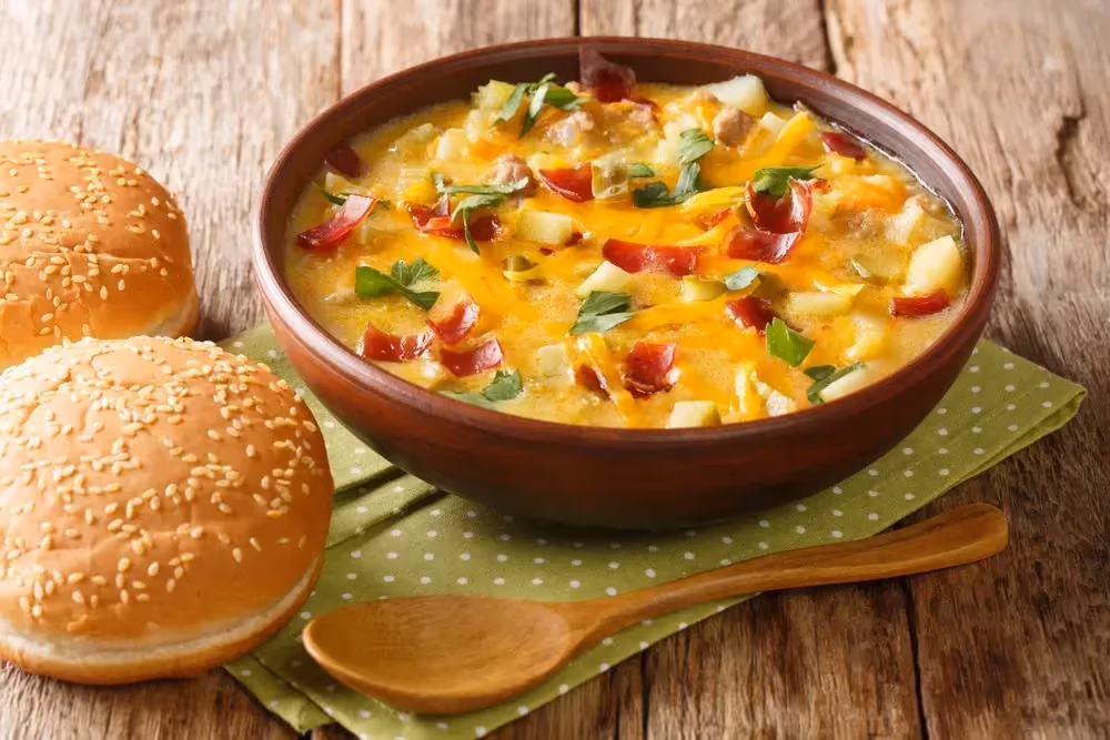 Posé sur un torchon, une petite soupière en terre cuite reçoit la soupe au cheeseburger. Une cuillère en bois et deux pains burgers sont posés à côté.