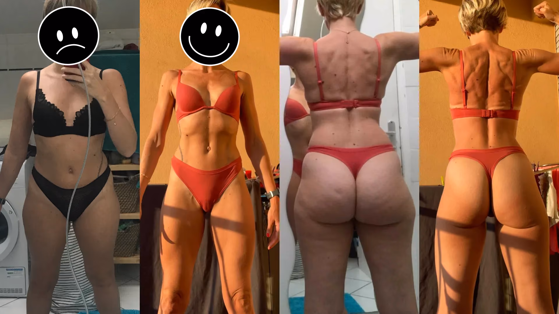 Before-and-after photos of the physical transformation of a 40-year-old woman who sculpted her body through strength training