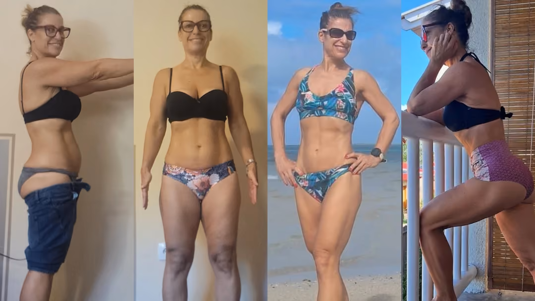 Before-and-after photo of an athletic 50-year-old woman who transformed her body through her strength training and nutrition program.