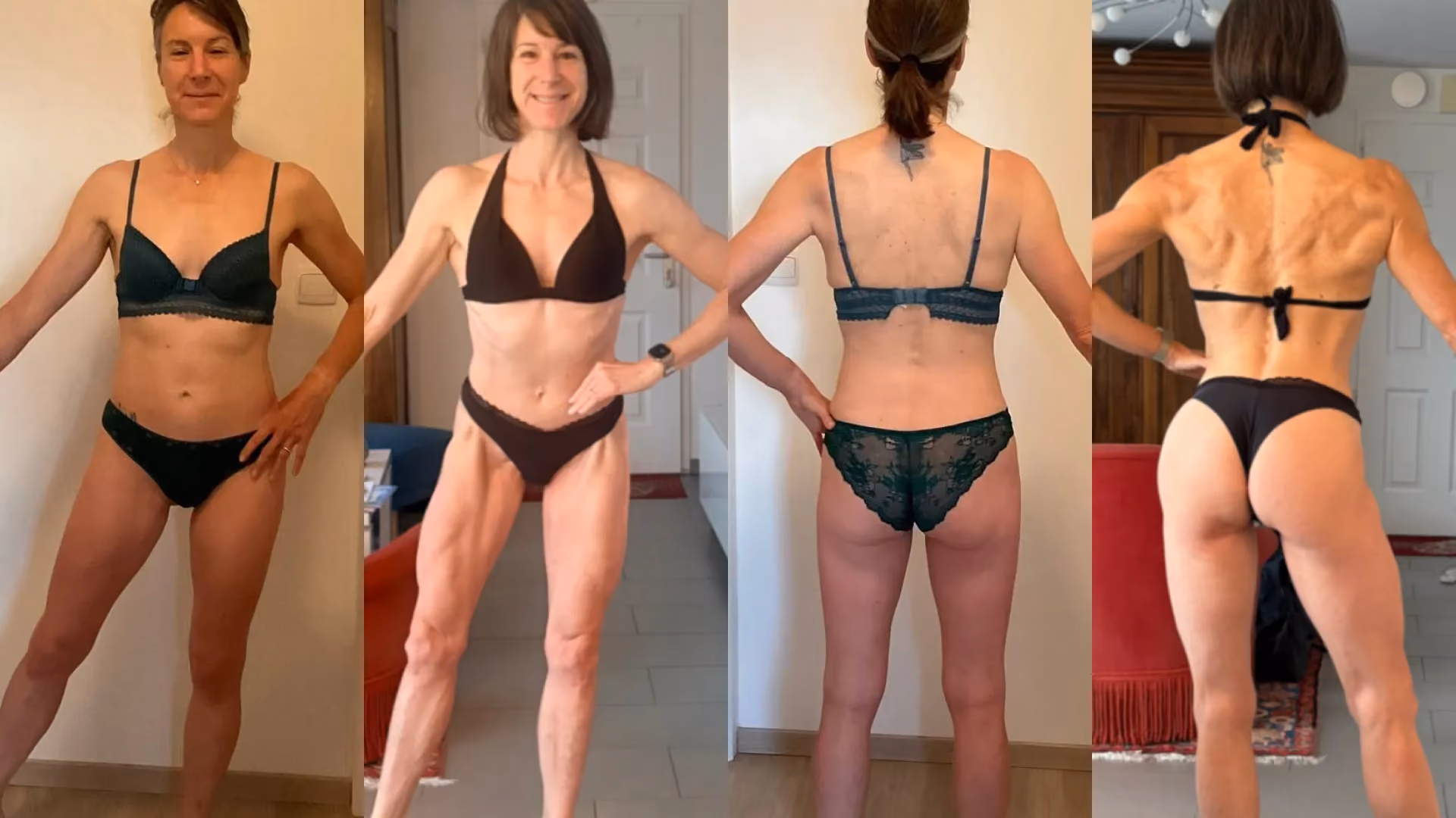 Before-and-after of a 50-year-old woman who built muscle through strength training.