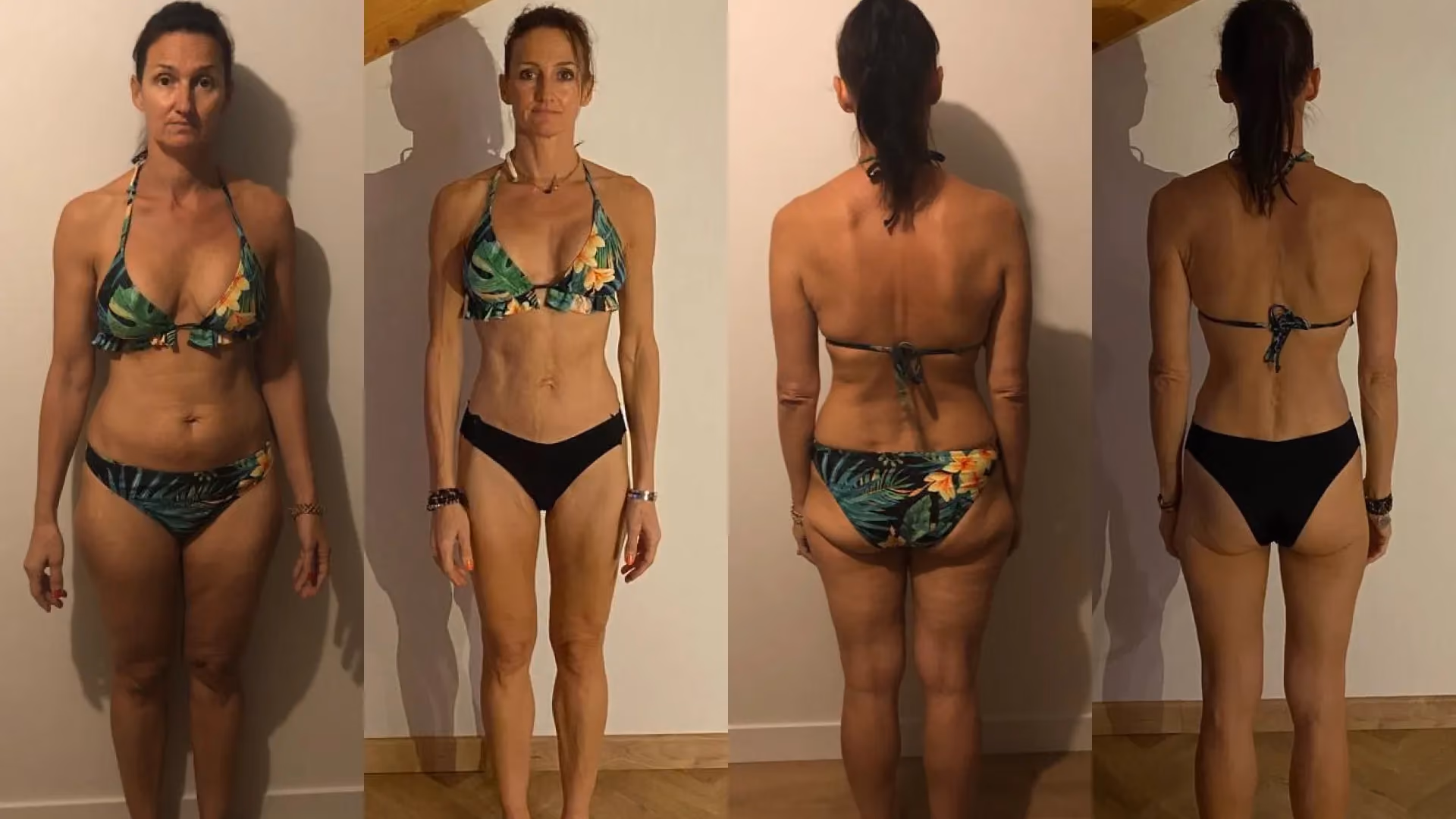 Before-and-after of the body of a 48-year-old woman who lost 12 kilos of fat after stopping antidepressants.