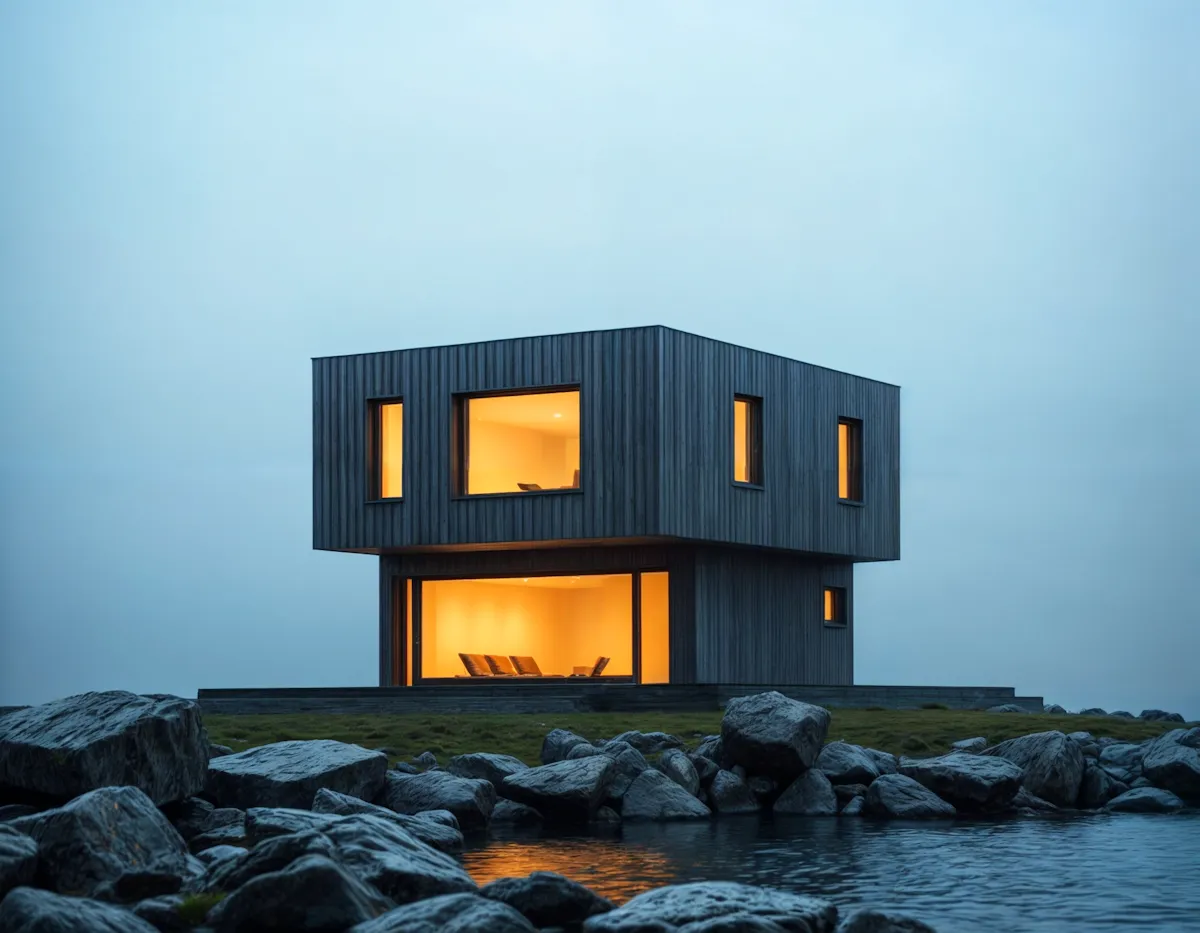 Modern two-story house with wooden exterior and large windows illuminated warmly at dusk, near rocky water edge.