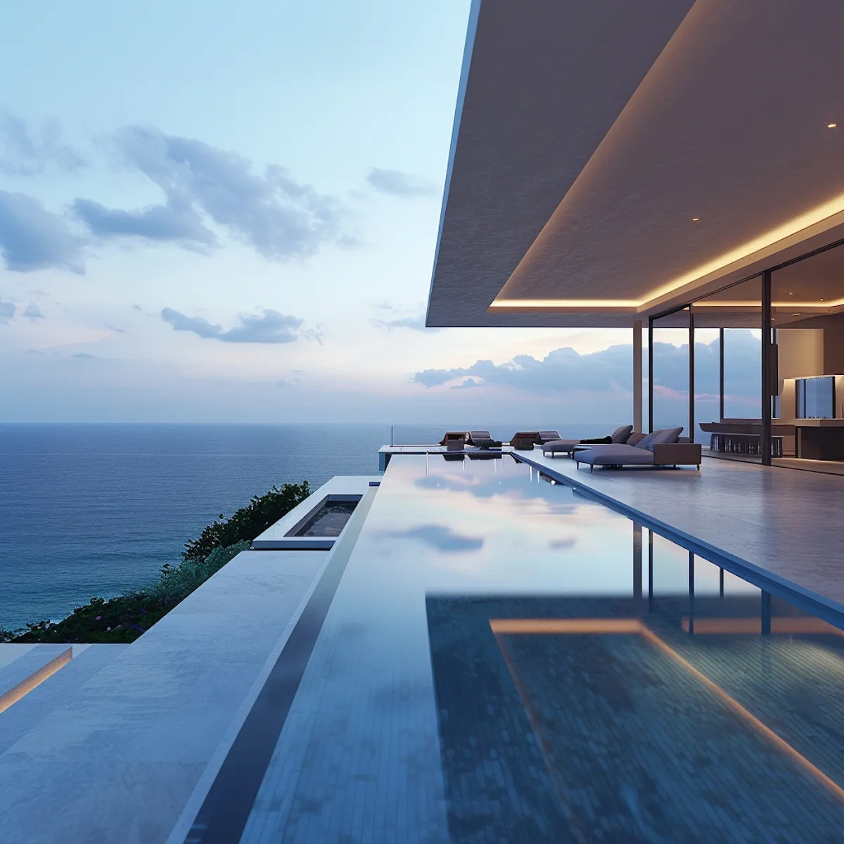 Modern house with an infinity pool overlooking the ocean at twilight.