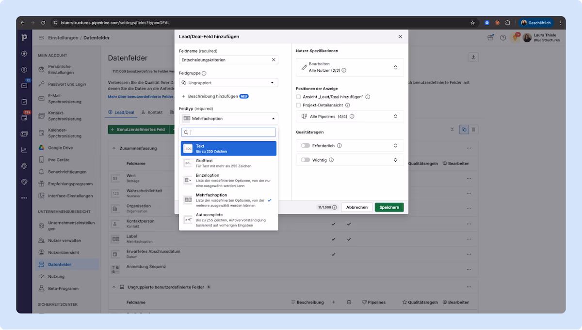 Screenshot von Pipedrive Einstellungen - how to create a custom data field