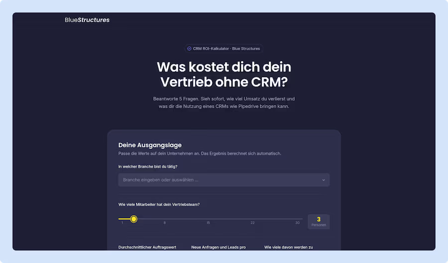 Screenshot von Nutzeroberfläche des beschriebenen ROI Kalkulators