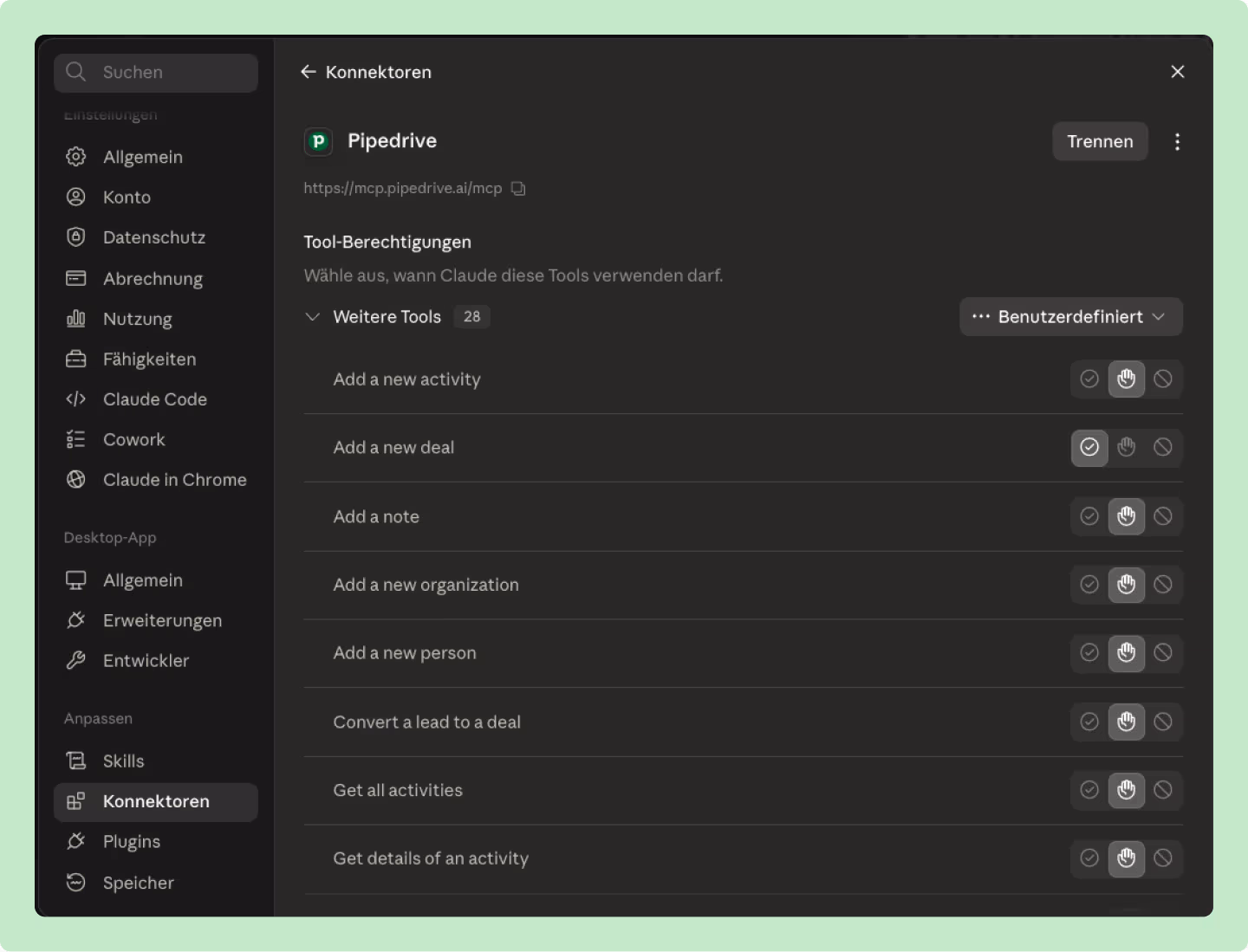 Screenshot of an active Pipedrive connector within Claude AI 