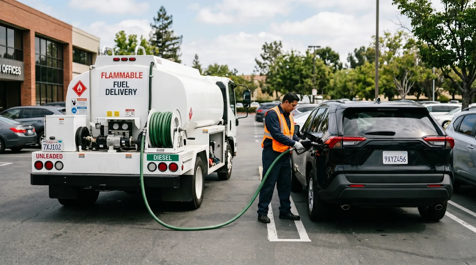 On site unleaded and diesel fuel delivery truck filling suv