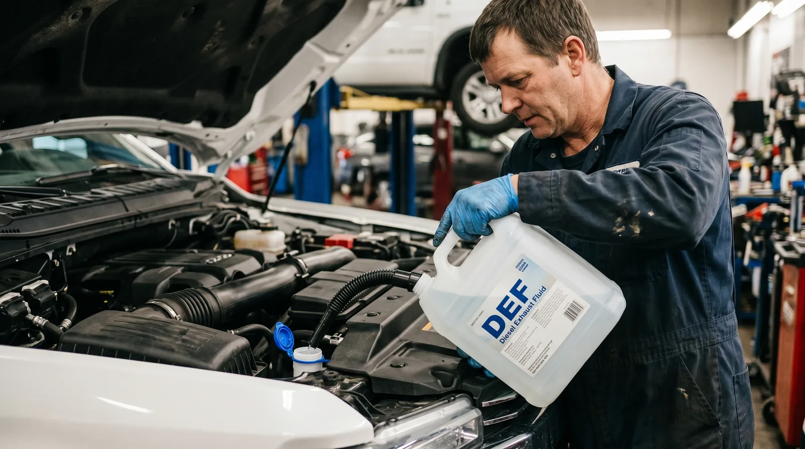 Professional auto technician adding def fluid to engine
