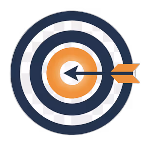Target with concentric orange and dark blue circles and an orange arrow hitting the bullseye.