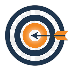 Target with concentric orange and dark blue circles and an orange arrow hitting the bullseye.
