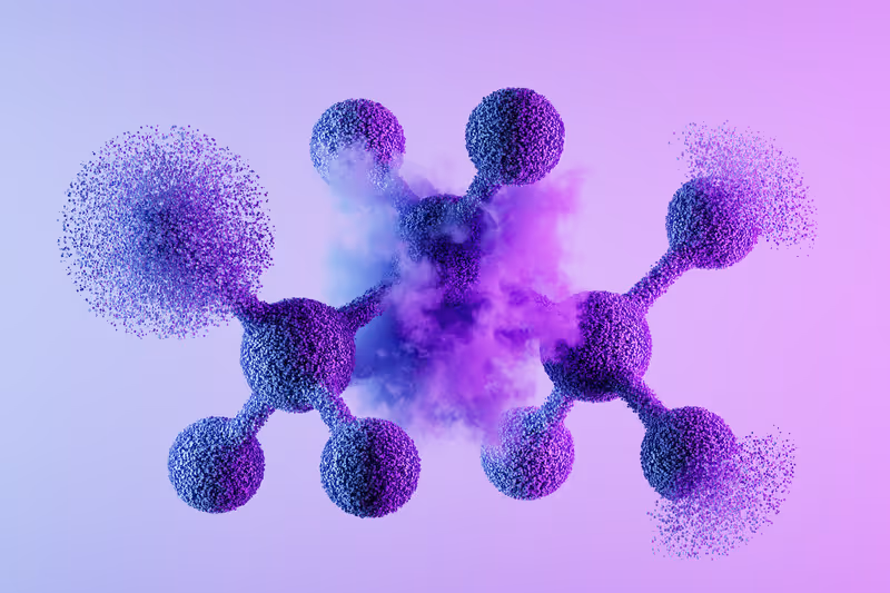 3D molecular structure with purple spheres connected by rods against a gradient pink and blue background.