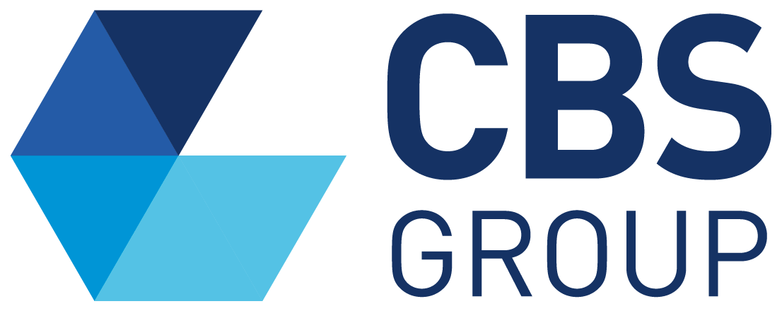 CBS Group logo with blue geometric shapes forming a hexagon and dark blue text reading 'CBS GROUP'.