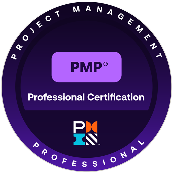 Circular PMP Project Management Professional Certification logo with PMI emblem.