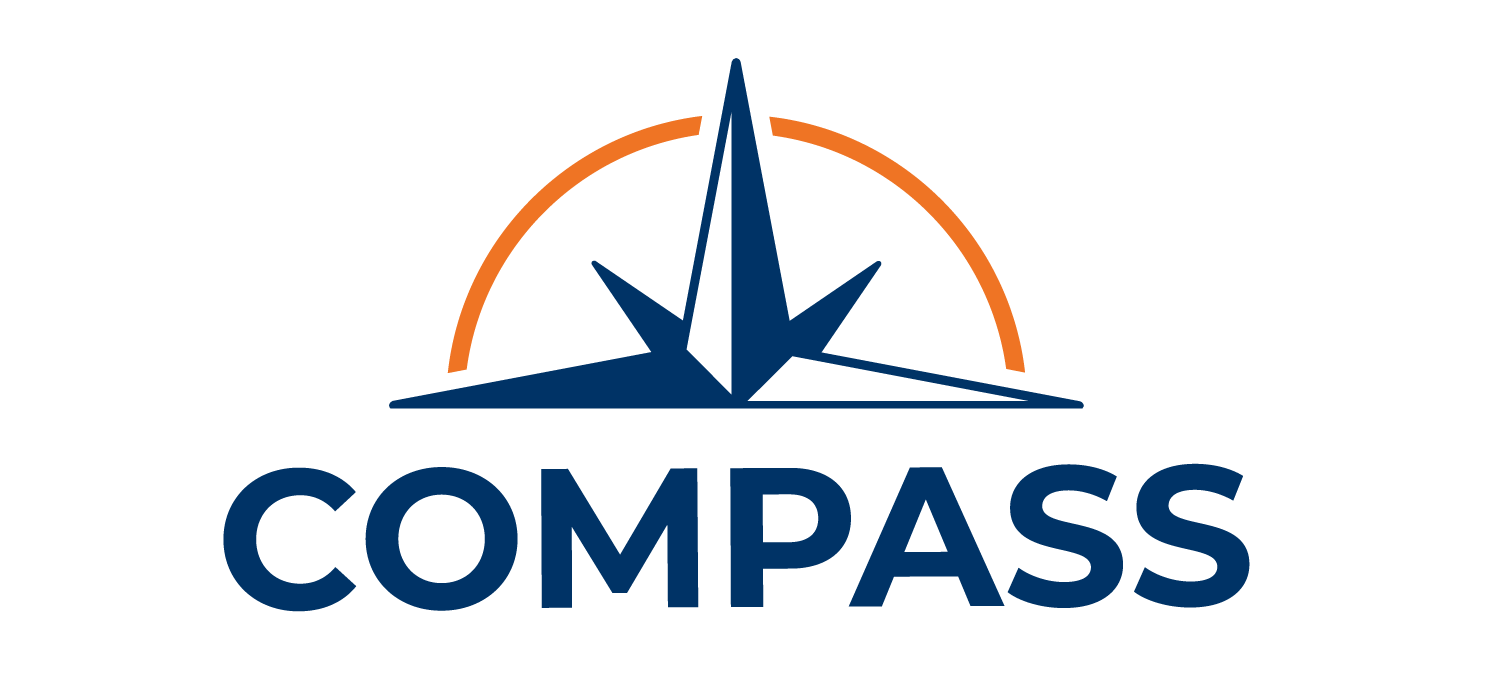 Compass logo featuring a stylized blue compass rose with an orange semicircle above and the word COMPASS in bold blue letters below.