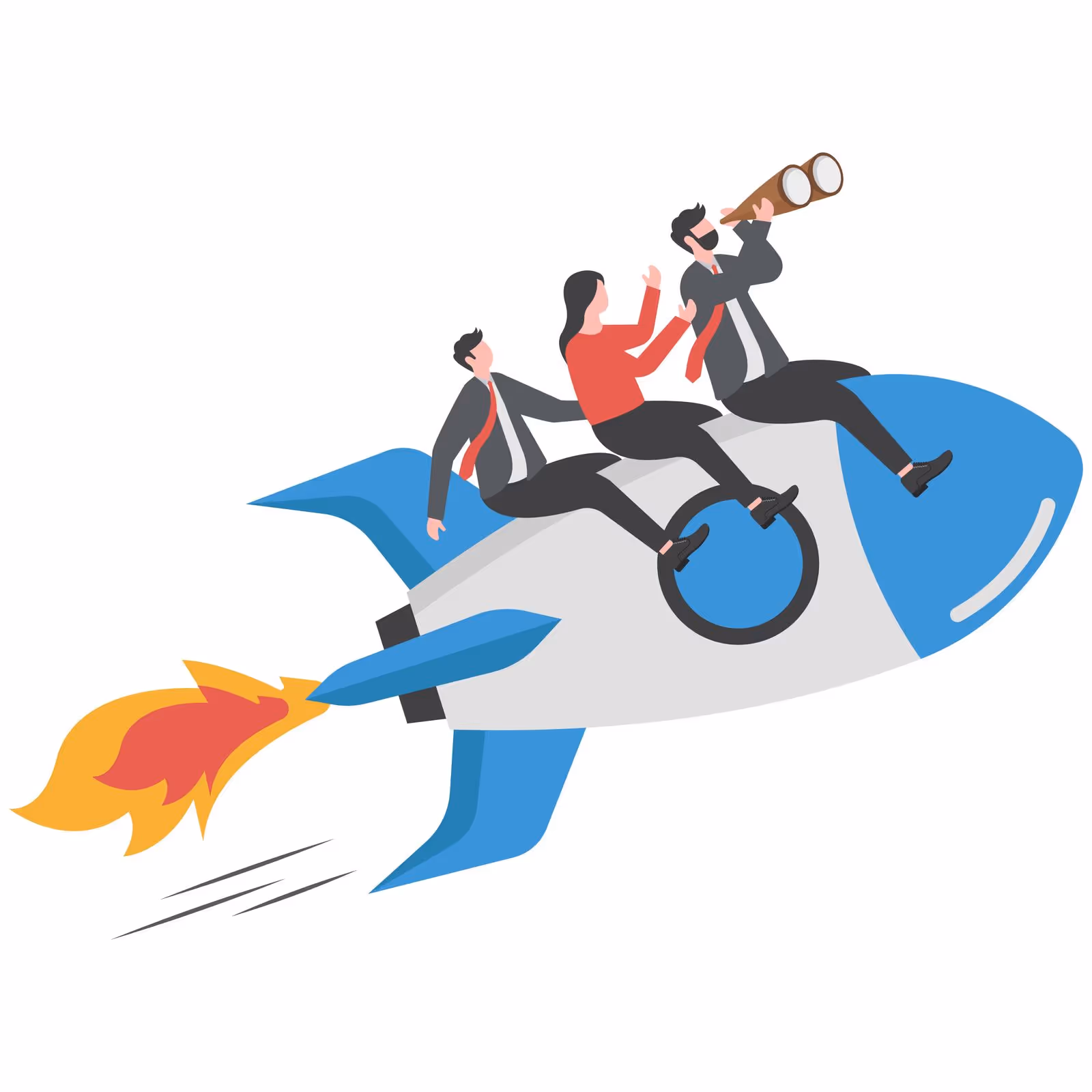 Illustration of three business people in suits riding a rocket, with one person looking through binoculars.