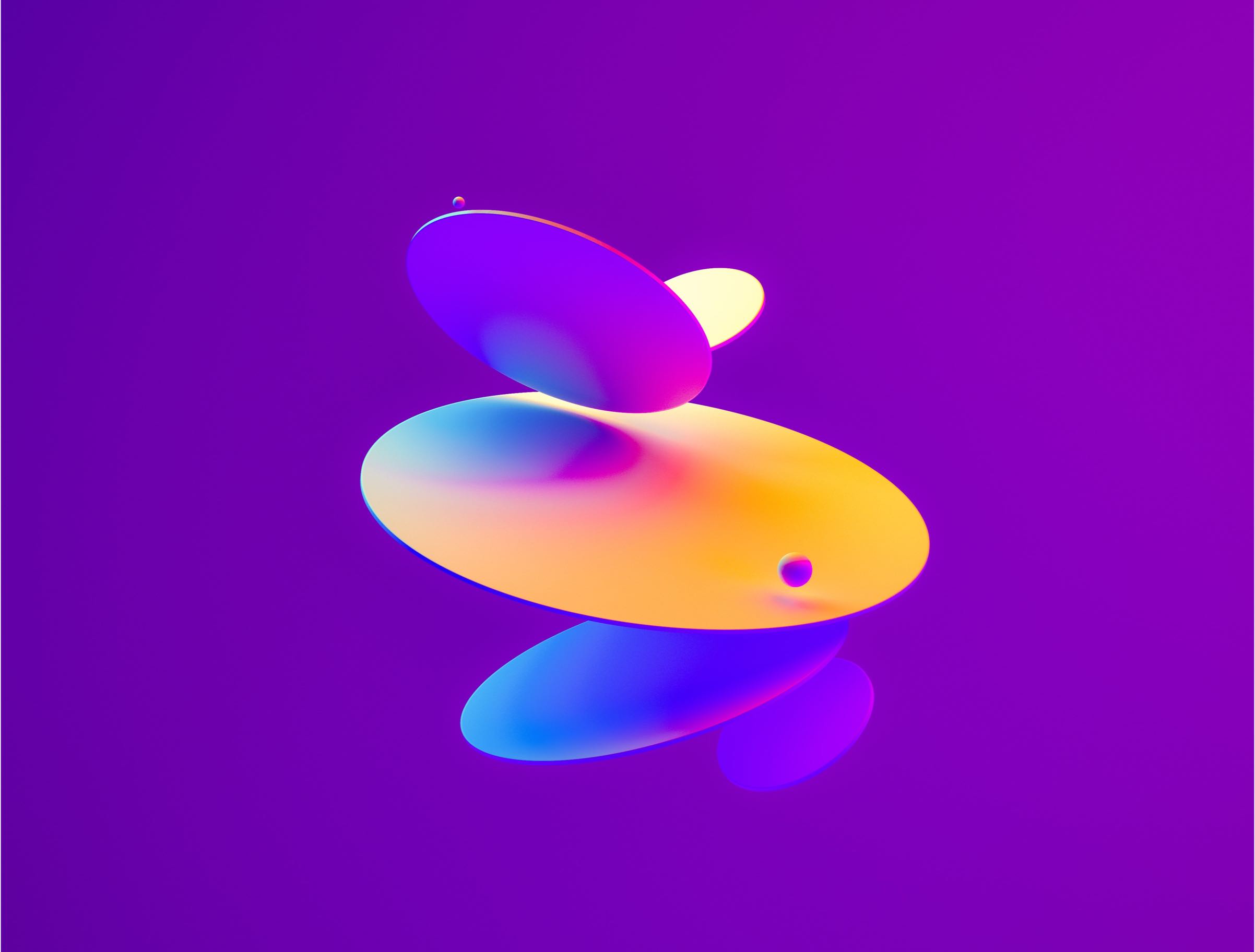 Abstract 3D shapes with glowing yellow, blue, and purple discs and small spheres on a purple background.