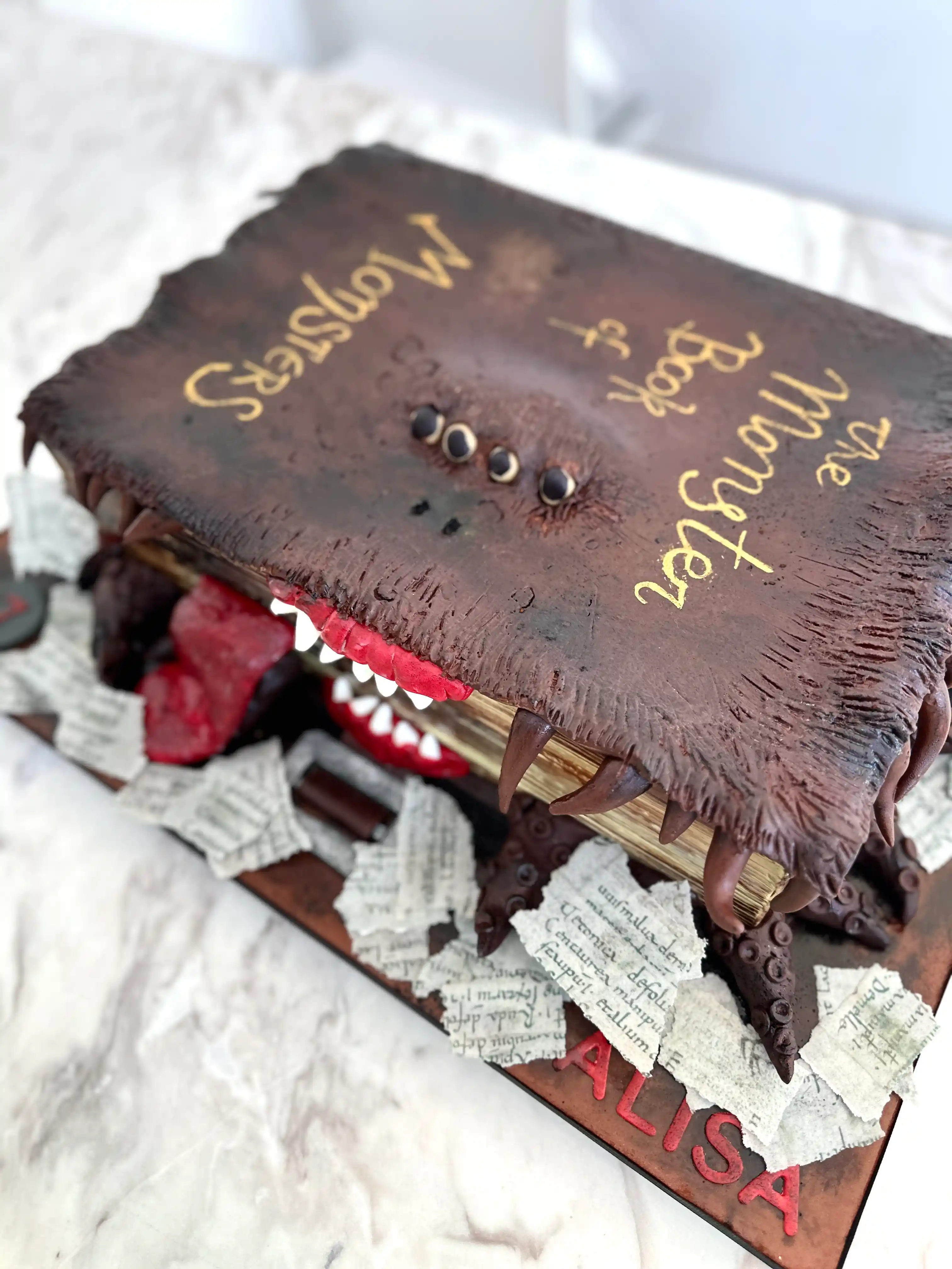 Fantasy Harry Potter Book of monster birthday cake for girl with sculpted details and personalised design, artistic novelty 3D cake in cyprus