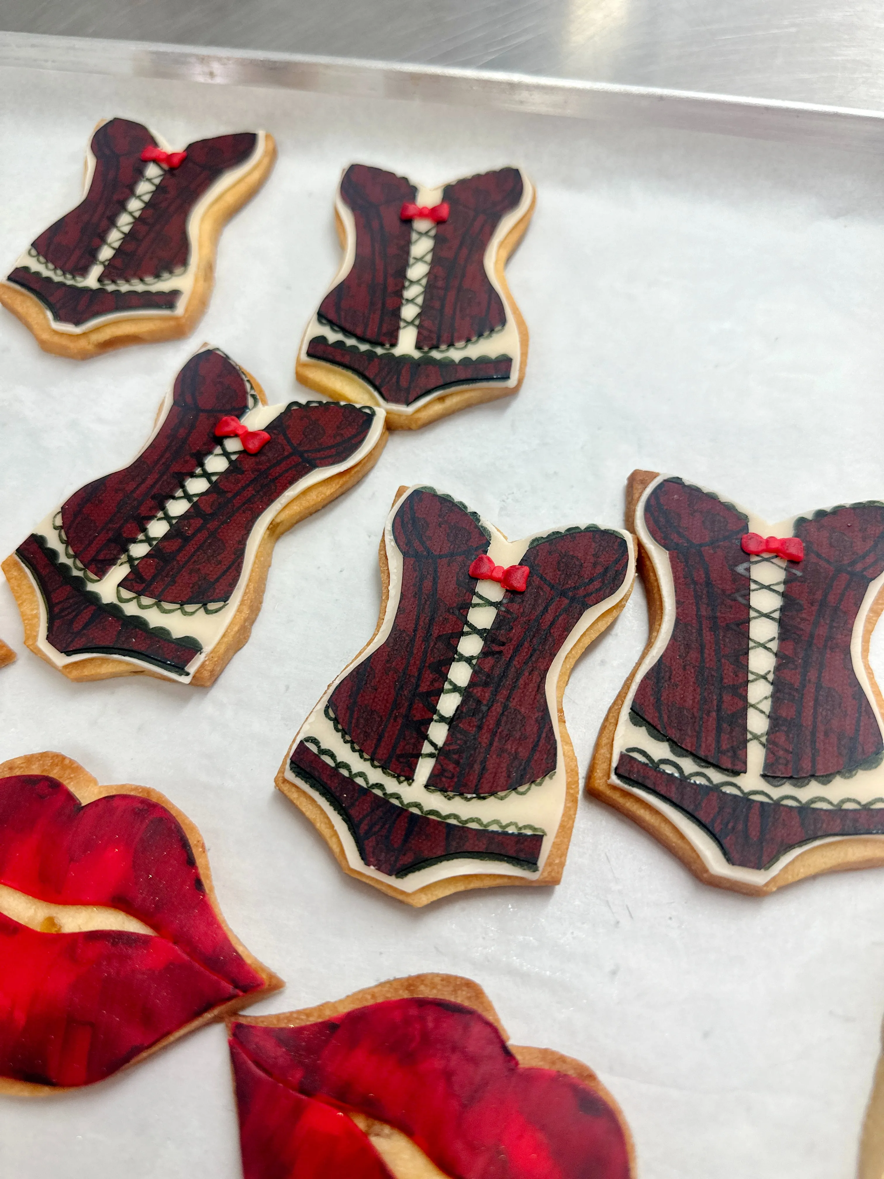 Corset-shaped cookies with detailed design for a fashion-themed celebration in Limassol Cyprus