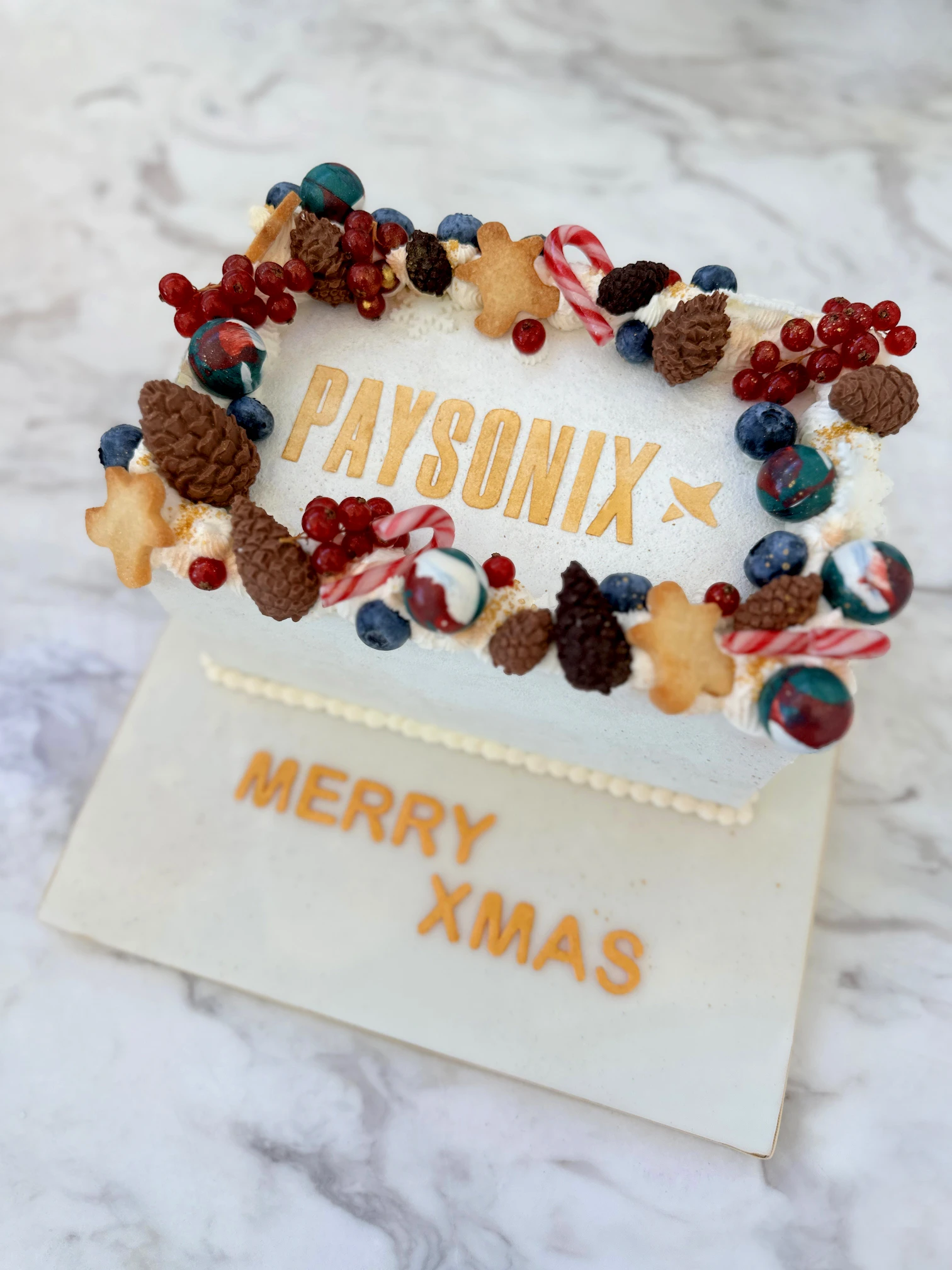 Custom corporate christmas cake with company logo paysonix, luxury festive cake with berries, chocolate decor and personalised branding in cyprus