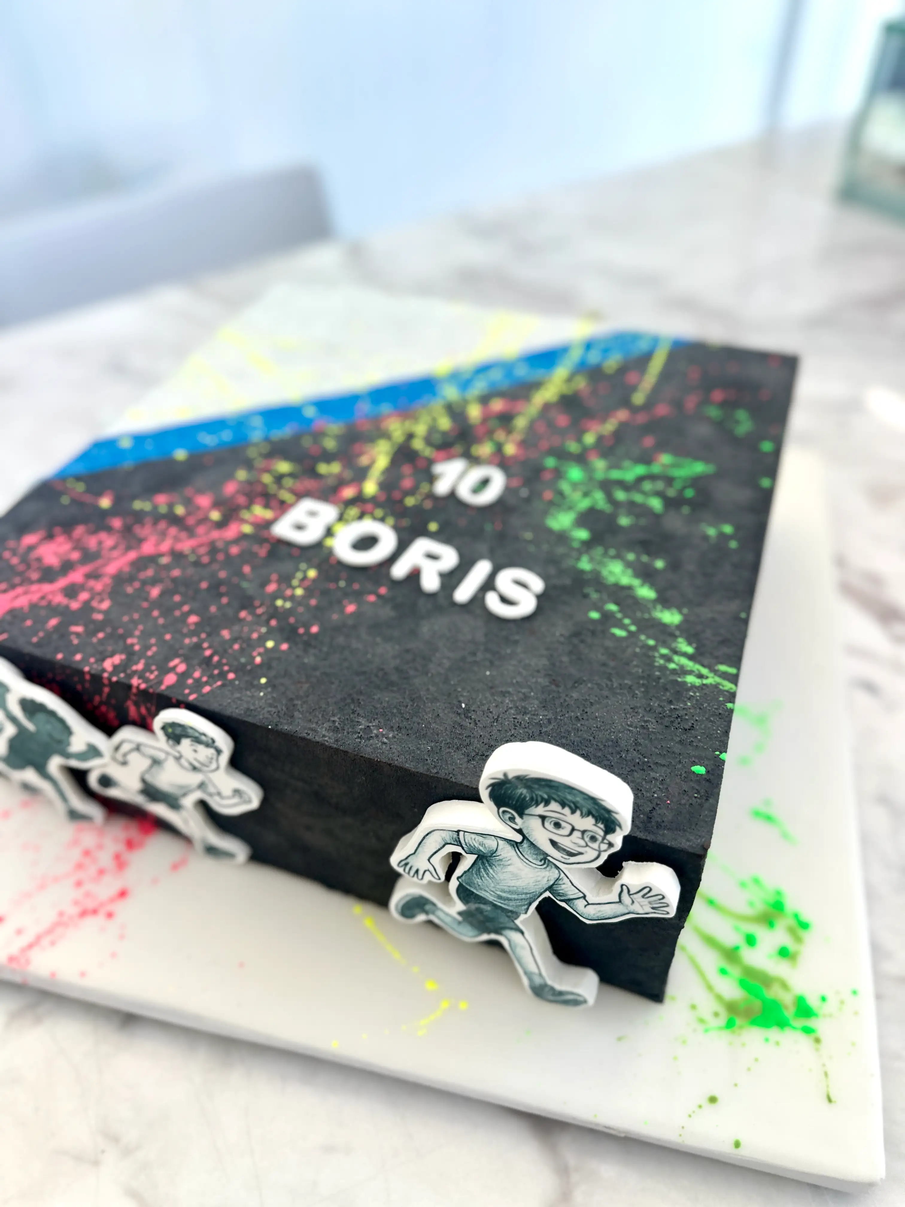 Modern boys birthday cake with graffiti design and personalised name boris, artistic kids cake for 10th birthday in cyprus