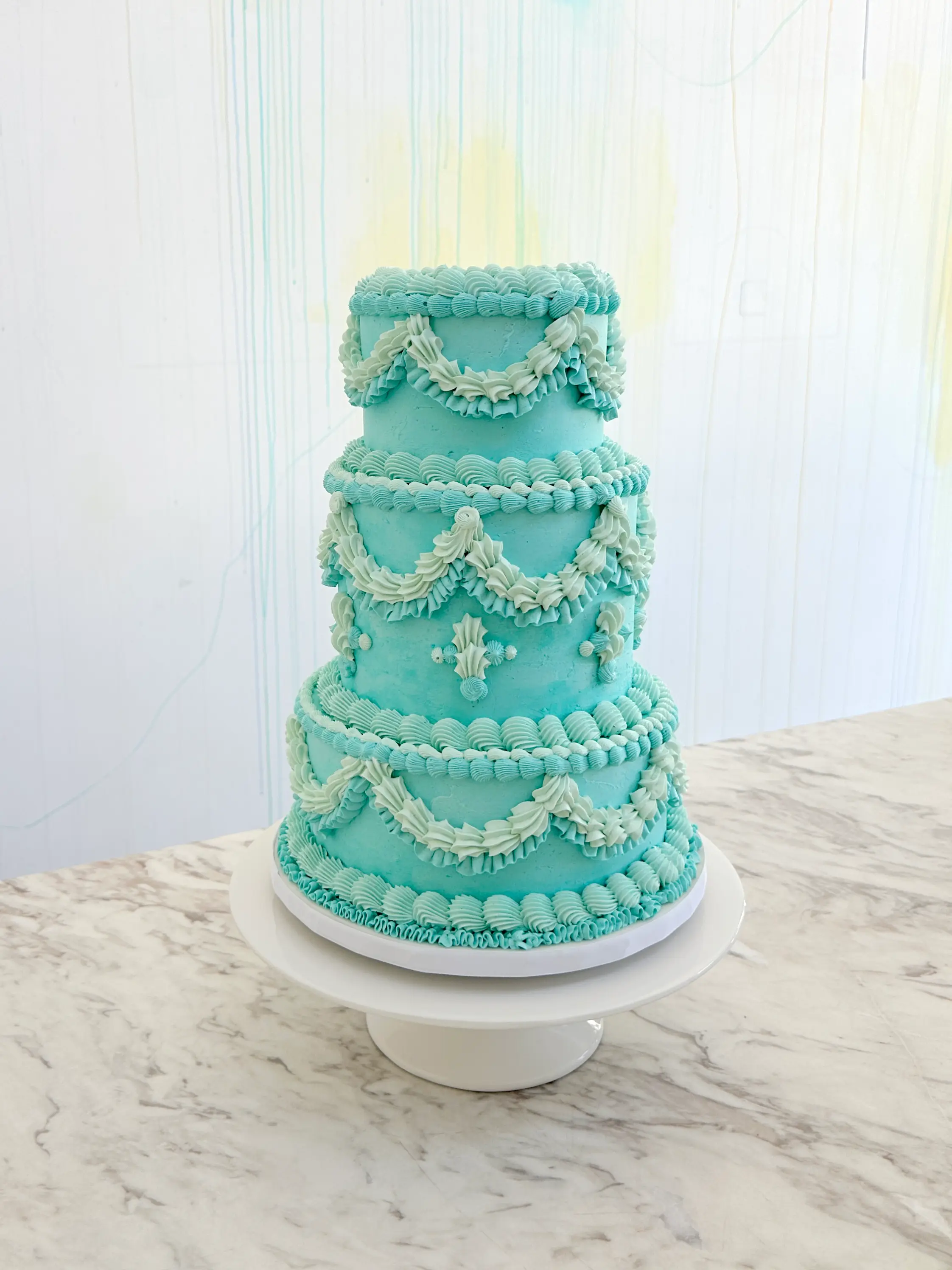 Vintage style lambeth style buttercream cake in turquoise with intricate piping, elegant birthday cake for woman in cyprus