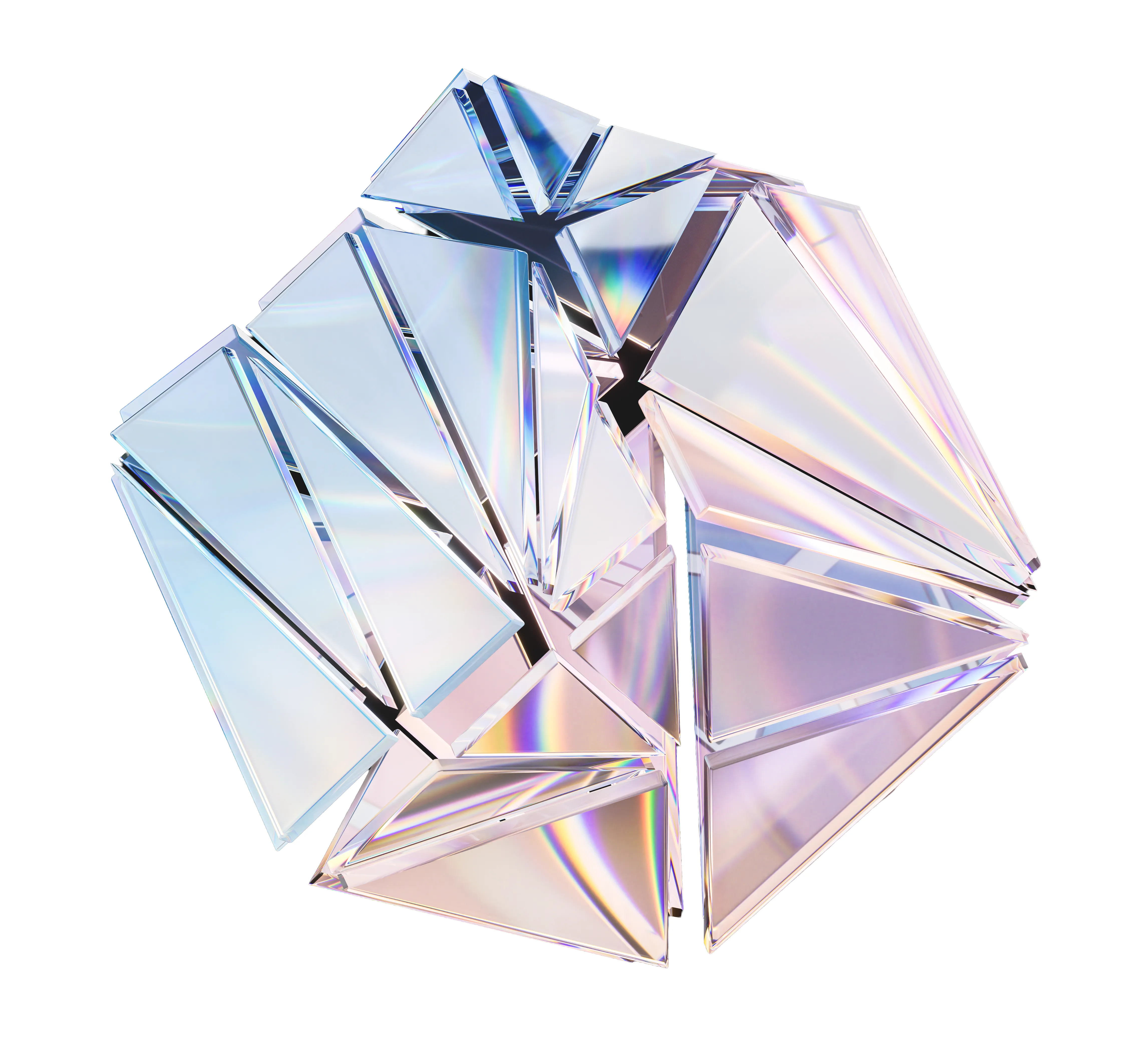 虹色の光を反射する多面体の透明なガラスオブジェクト。