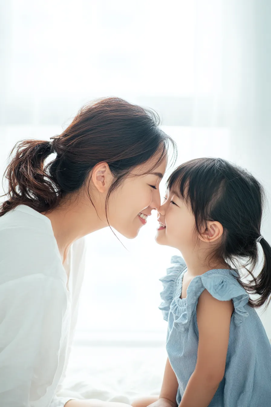 母親と娘が鼻をくっつけて笑顔で見つめ合っている。