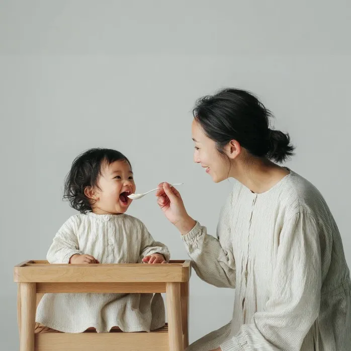 母親が赤ちゃんにスプーンで食事を与えながら微笑んでいる様子。