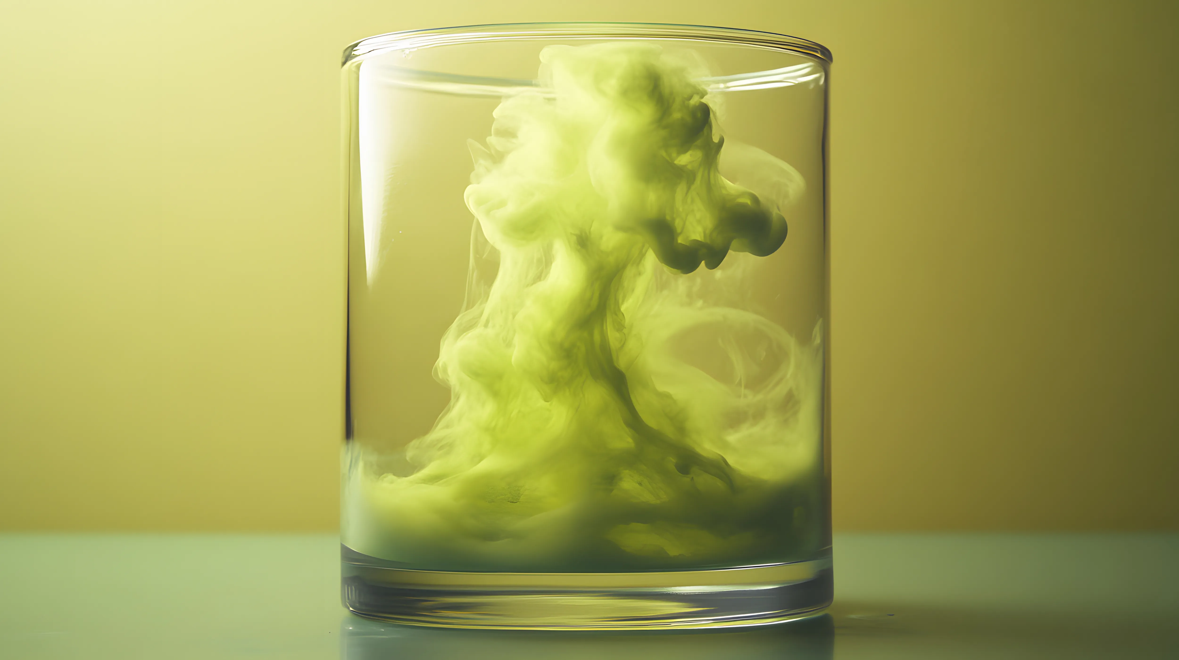 グラスの中で緑色の液体が渦を巻いて広がっている様子。