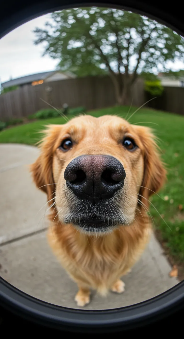 魚眼レンズで撮影されたゴールデンレトリバーの顔の大きな鼻のクローズアップ写真。