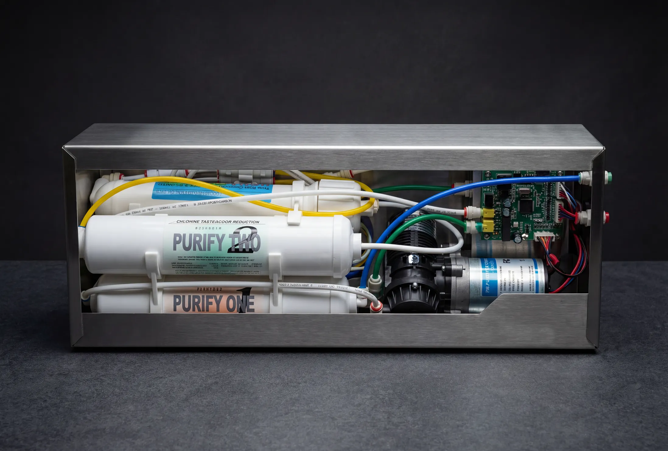 ステンレススチールの外装ケース内に配置された複数のフィルターと配線を備えた浄水システムの内部部品。