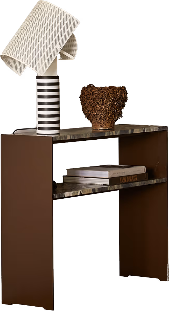 Dark brown desk with white lamp books and vase.