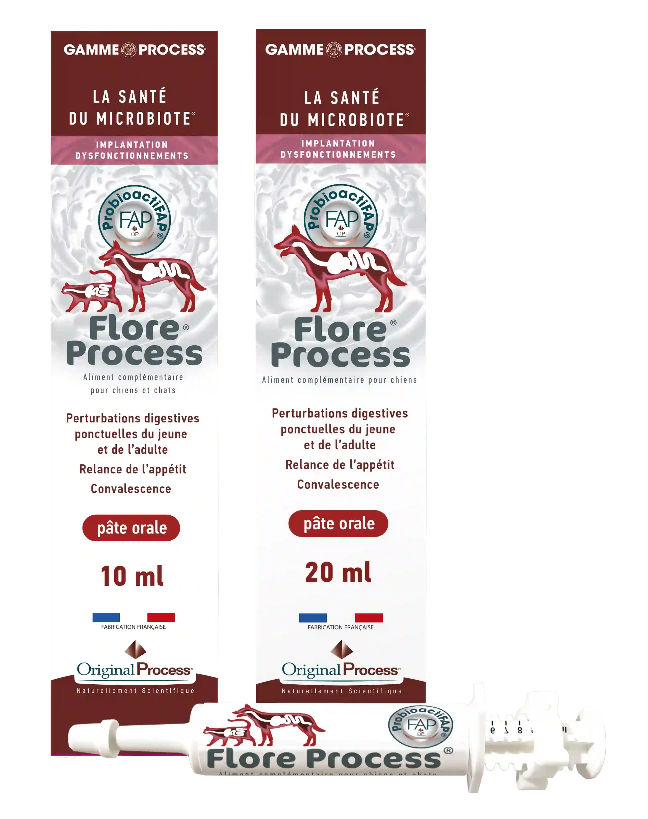 Produits Flore Process pour chiens et chats, pâte orale 10 ml et 20 ml pour troubles digestifs.
