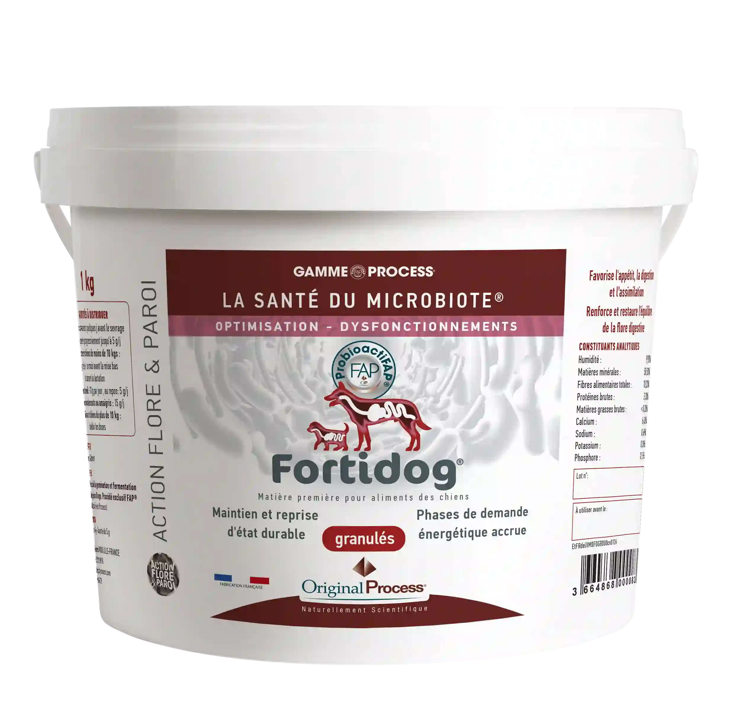 Seau Fortidog de 1 kg pour santé du microbiote canin, granulés pour digestion et énergie.