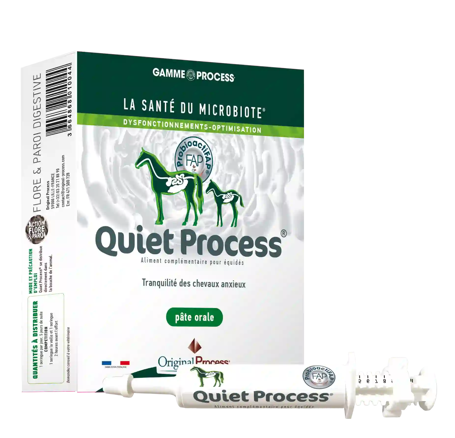 Boîte et seringue de Quiet Process, complément oral pour la tranquillité des chevaux anxieux.