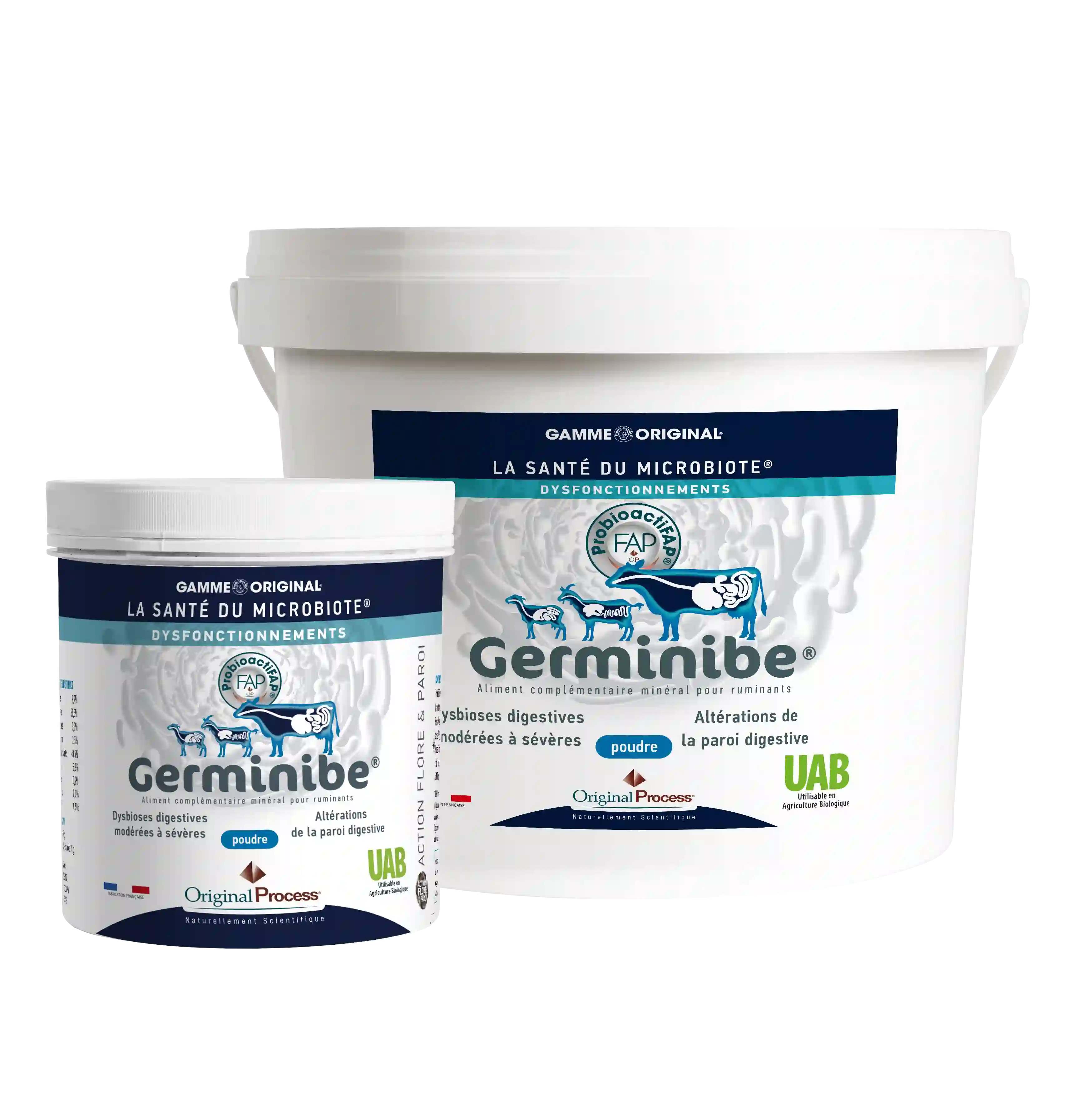 Deux pots de Germinibe poudre pour la santé digestive des ruminants, label agriculture biologique.