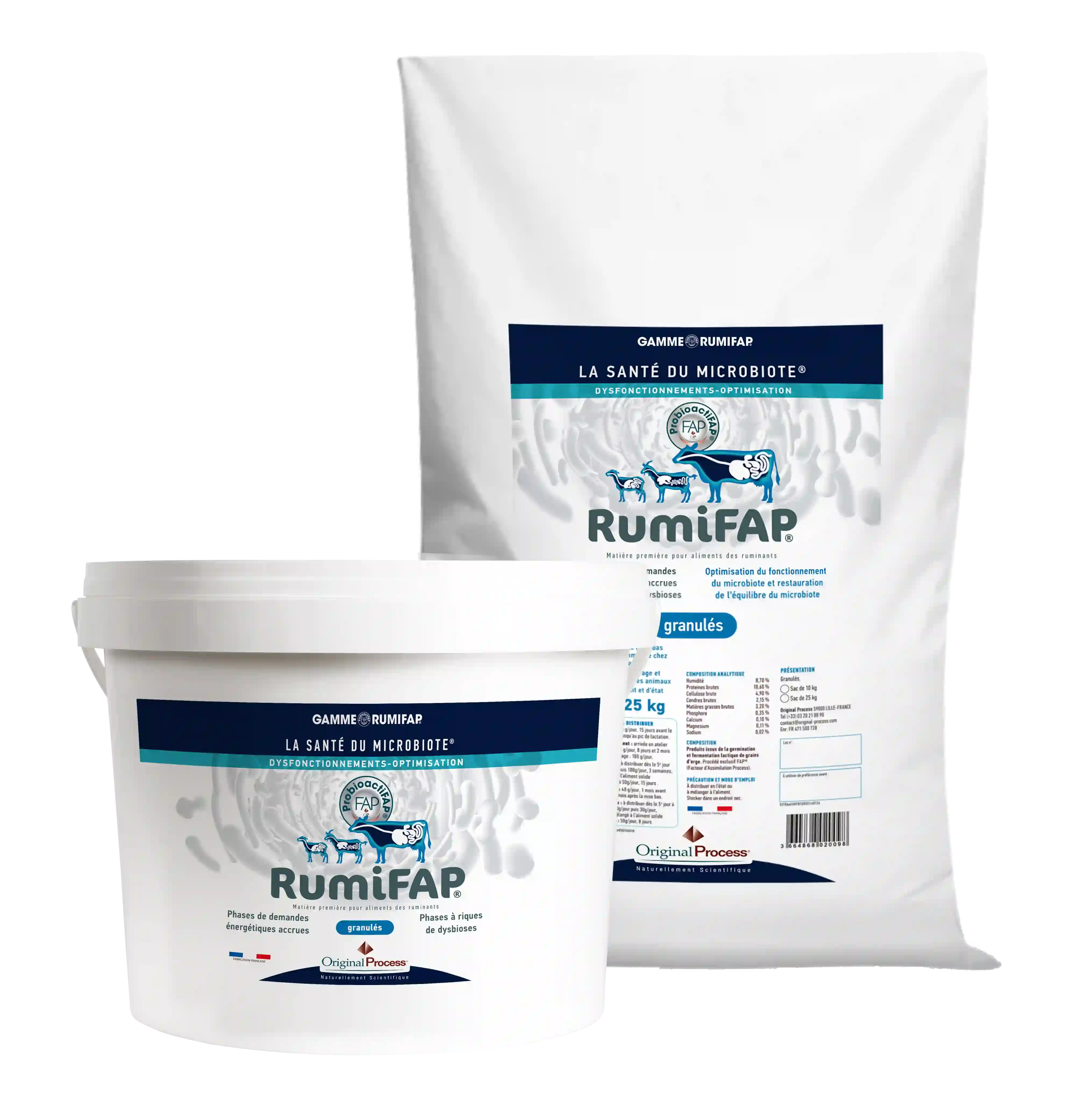 Sac et seau de granulés RumiFAP pour la santé du microbiote des ruminants.