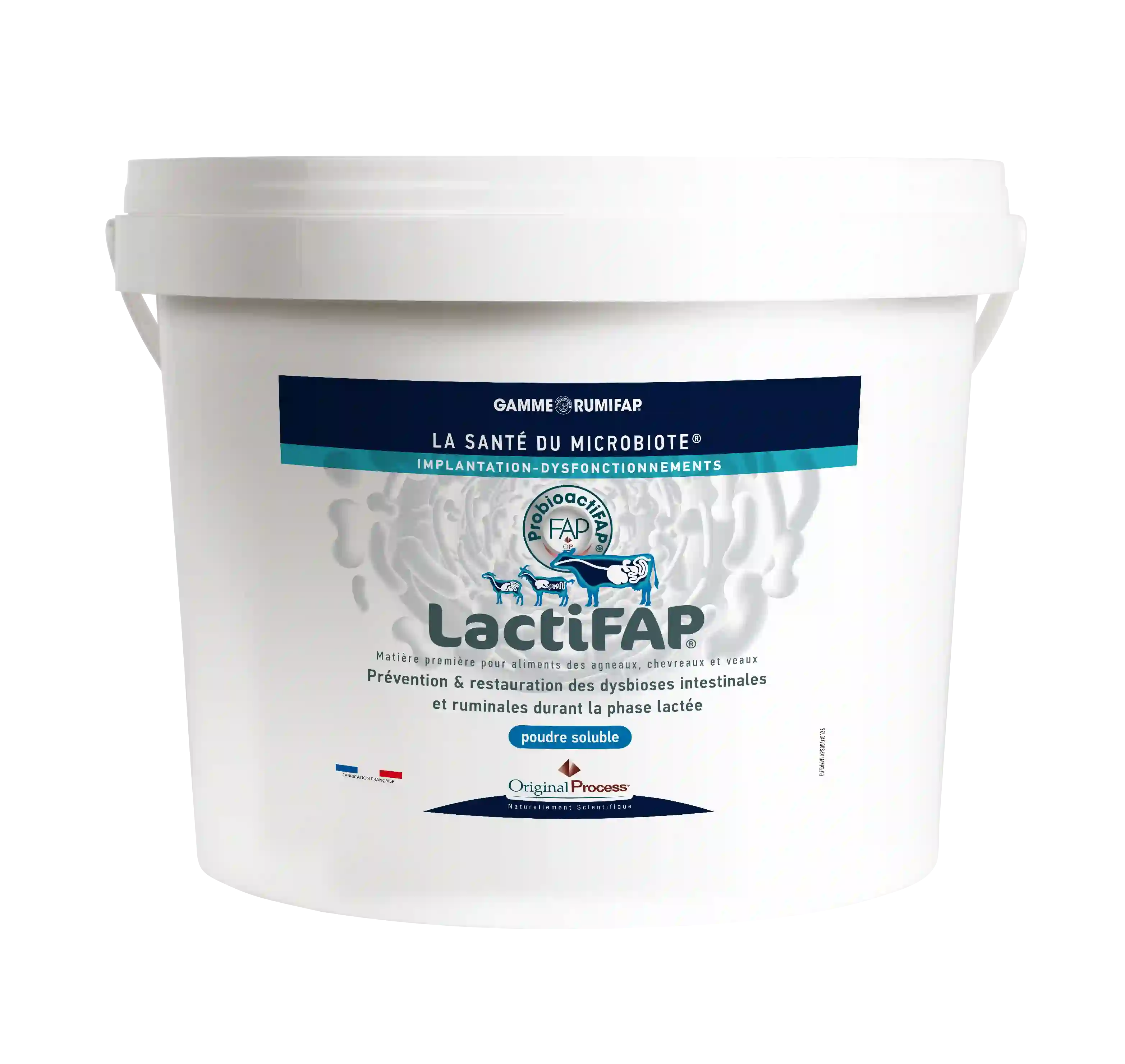 Pot blanc de LactiFAP, complément pour la santé du microbiote chez agneaux, chevreaux, et veaux.