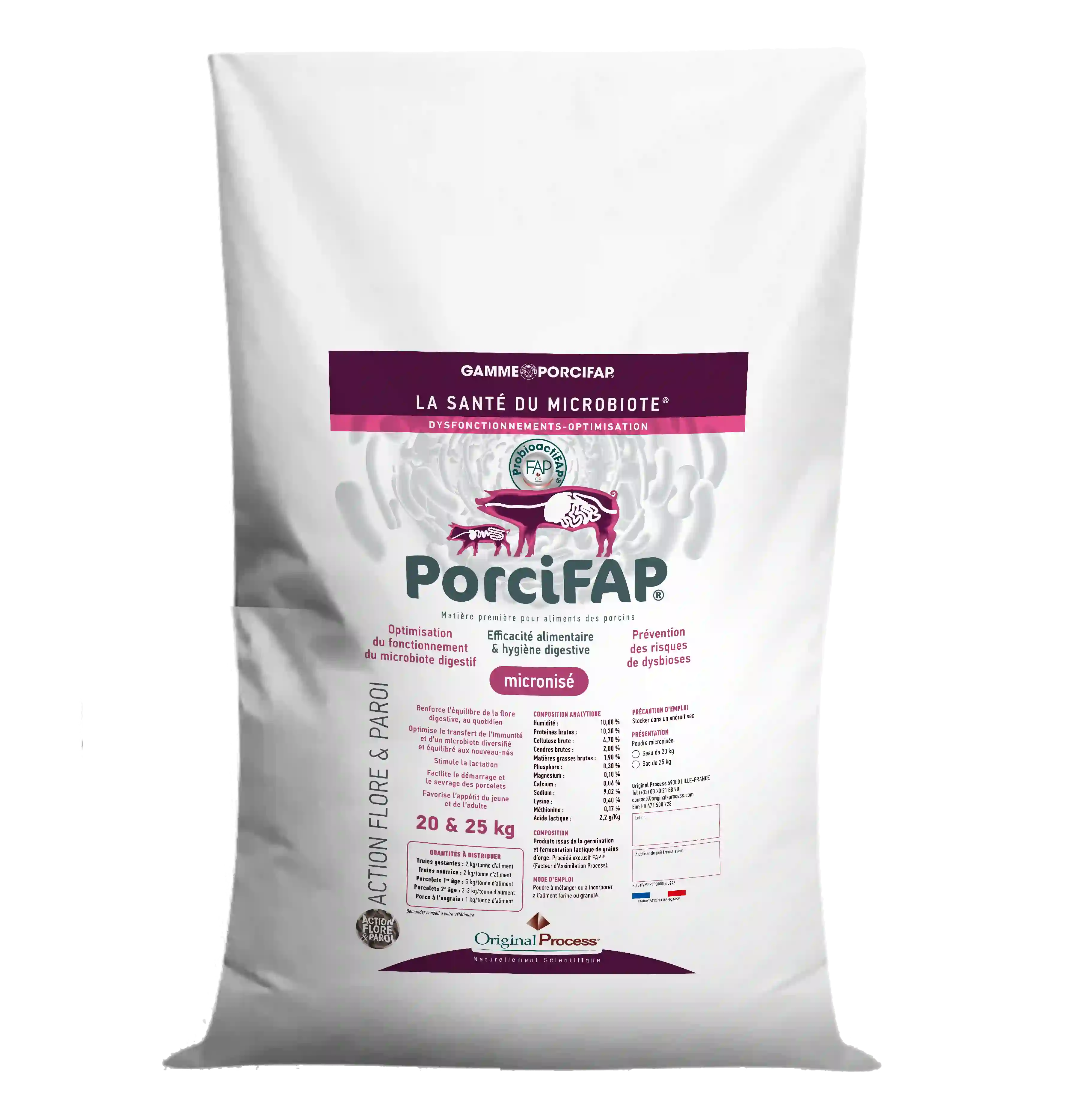 Sac PorciFAP micronisé pour alimentation porcine favorisant santé digestive et prévention des dysbioses
