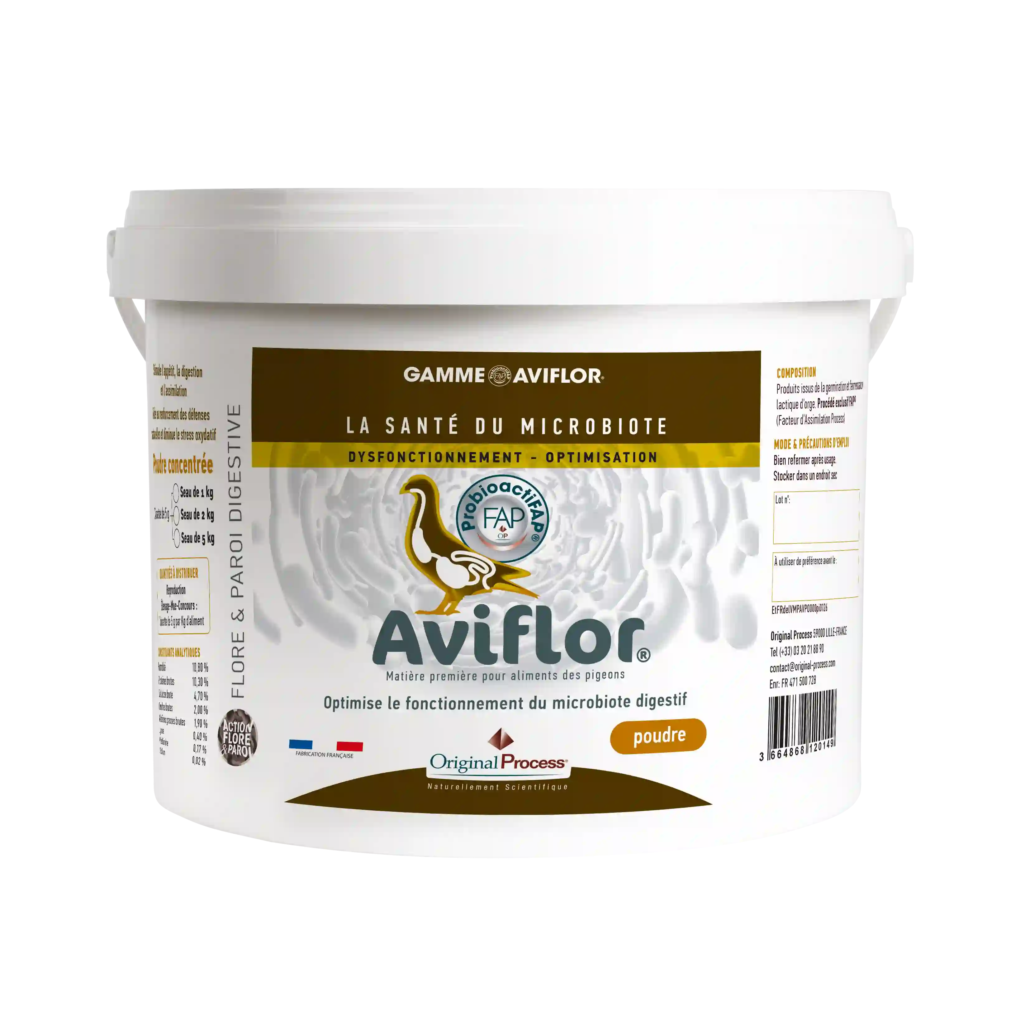 Pot de poudre Aviflor pour optimiser la santé digestive du microbiote des pigeons.