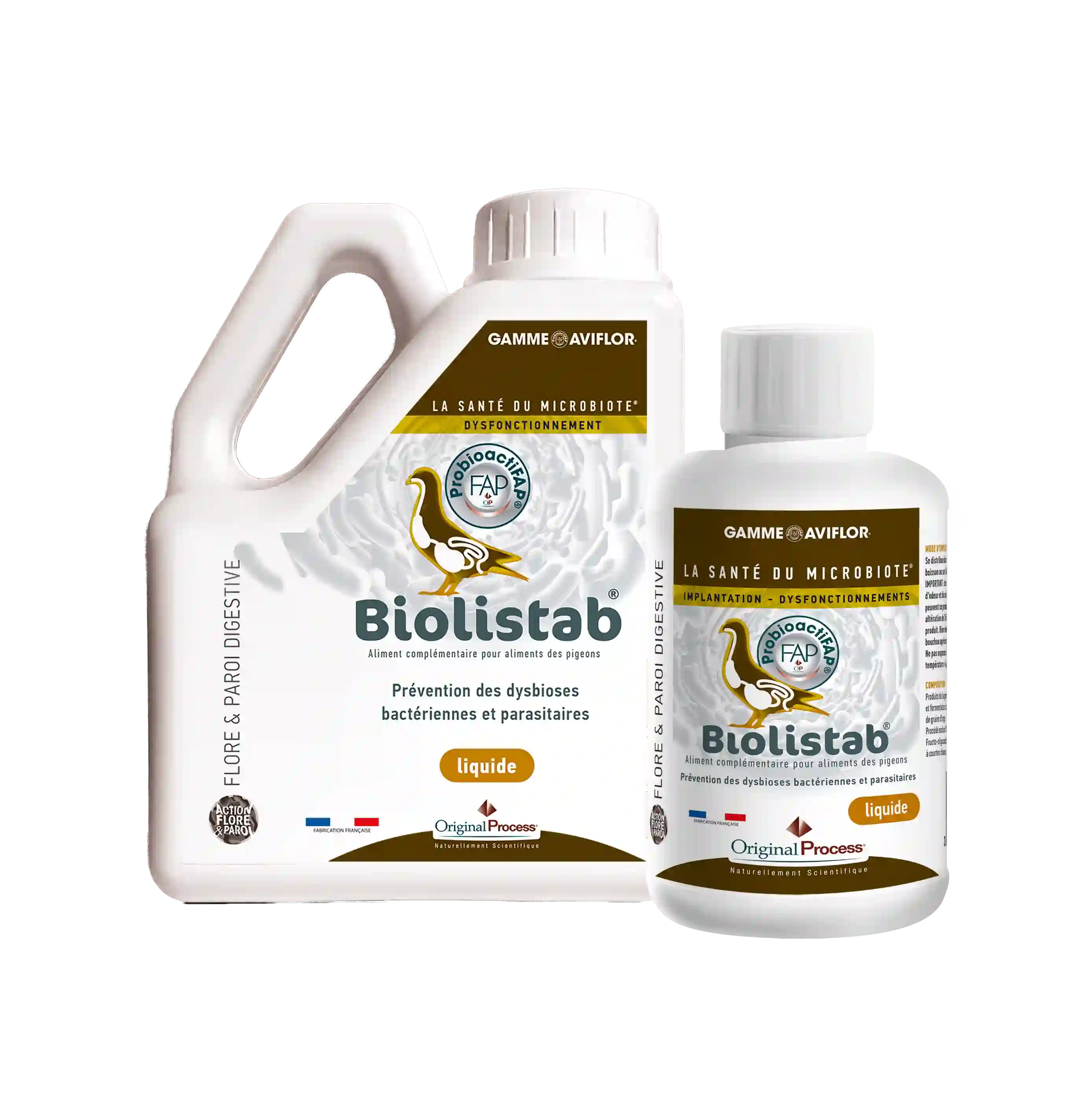 Deux flacons de Biolistab liquide pour pigeons, complément pour dysbioses bactériennes et parasitaires.