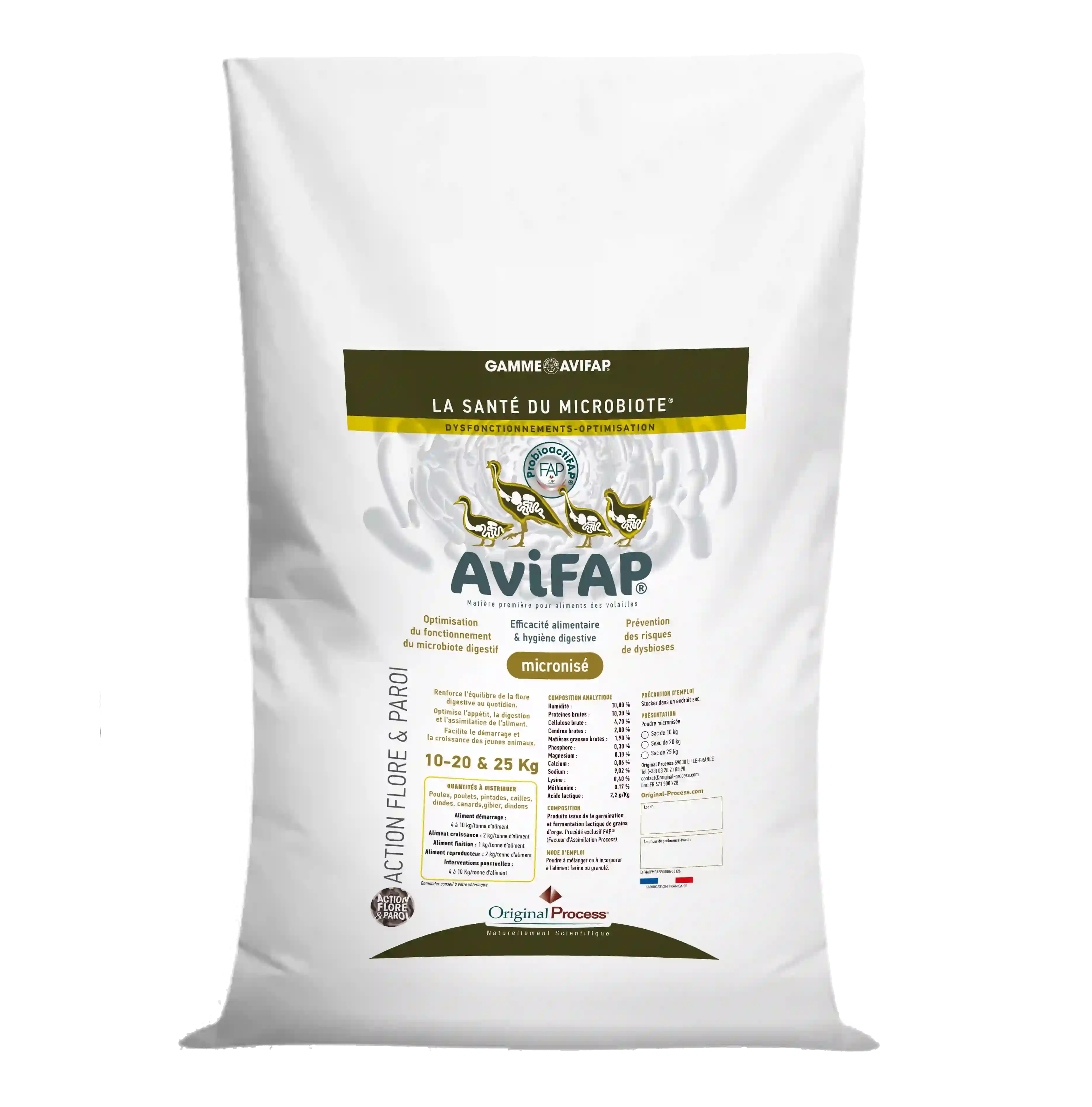 Sac de 20 kg de AviFAP, supplément micronisé pour la santé digestive des volailles.