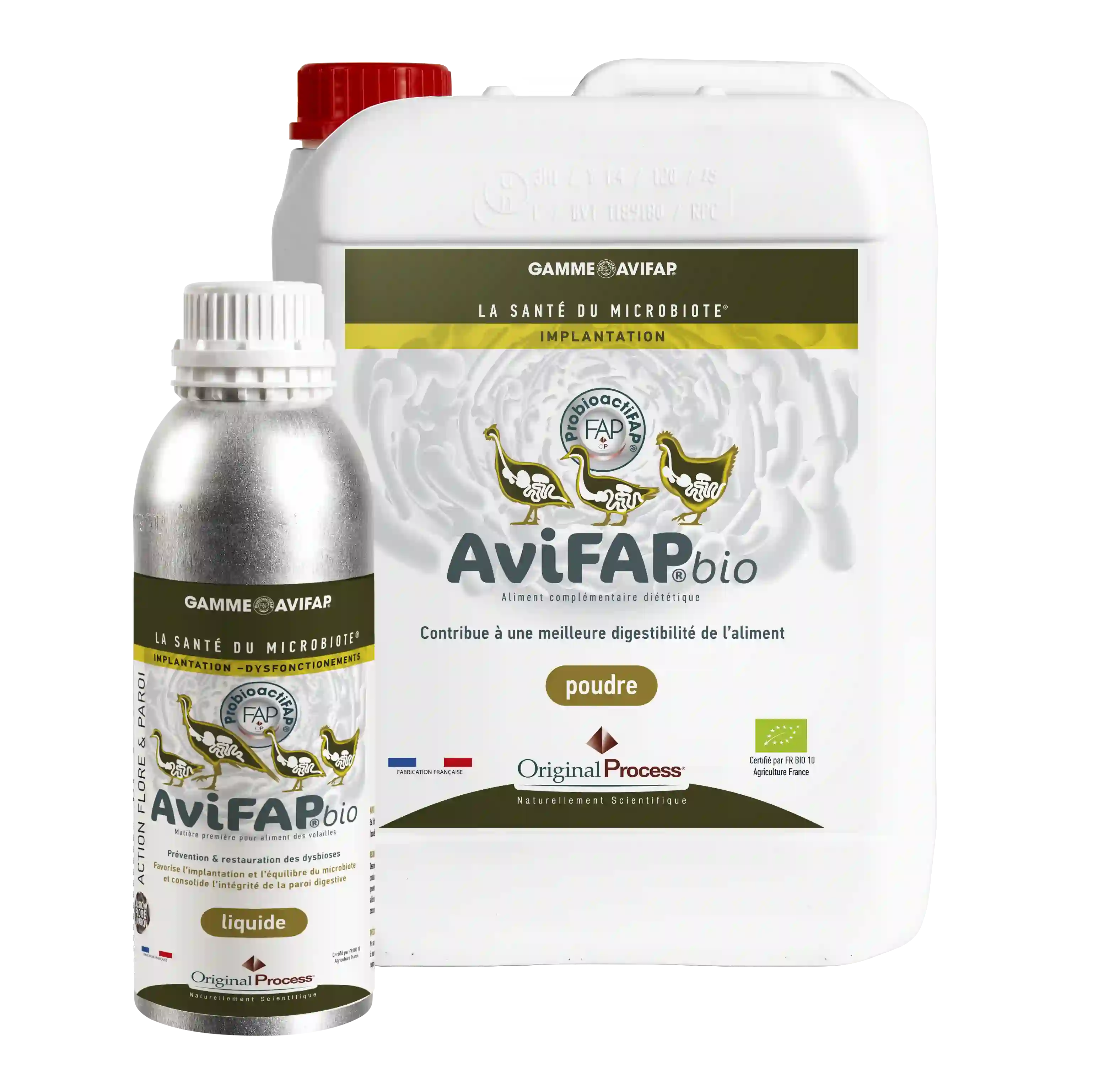 Flacon et bidon AviFAP bio pour la santé du microbiote, poudre et liquide, alimentation volailles.