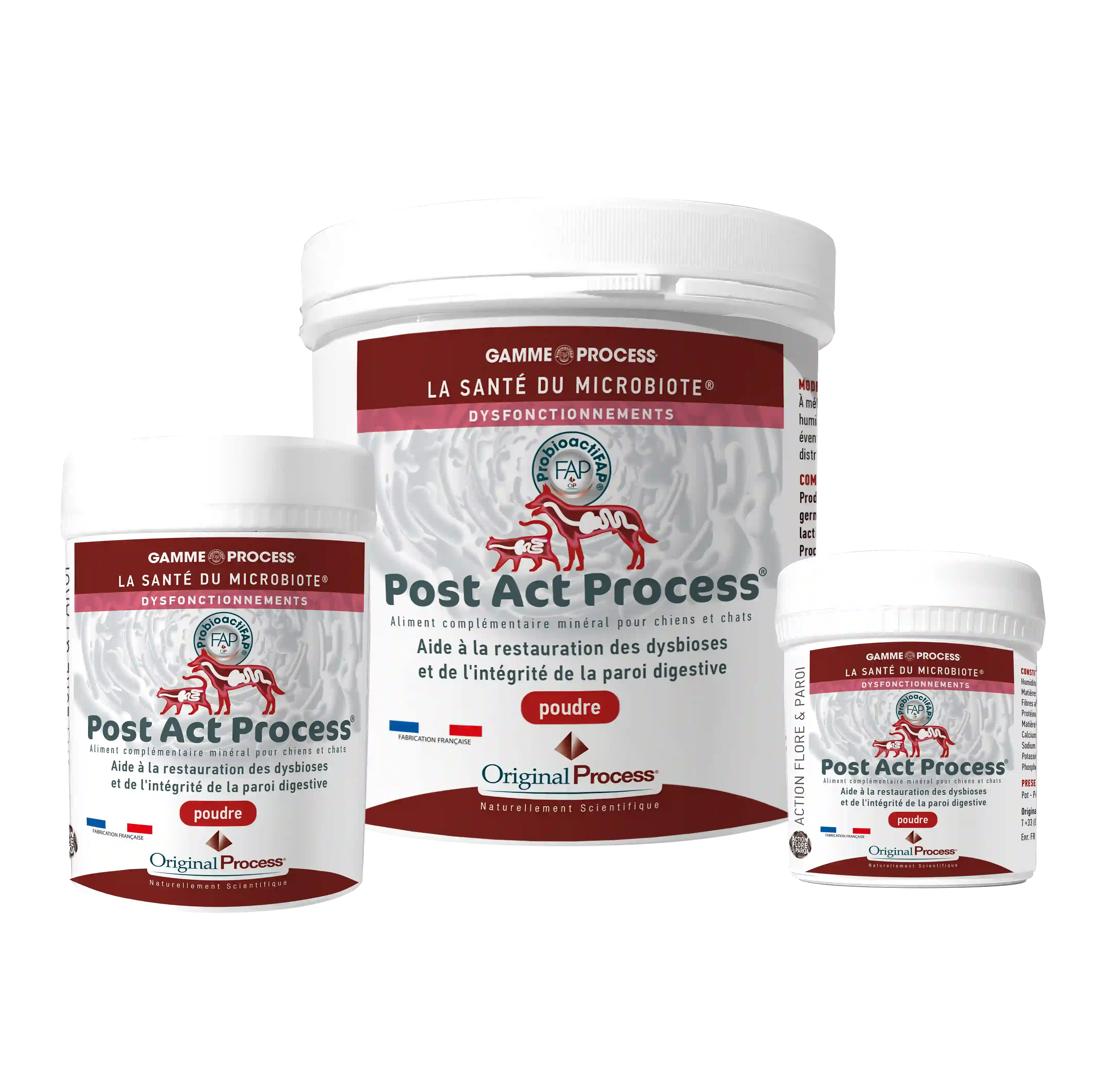 Trois contenants de Post Act Process poudre, complément minéral pour chiens et chats, santé du microbiote.
